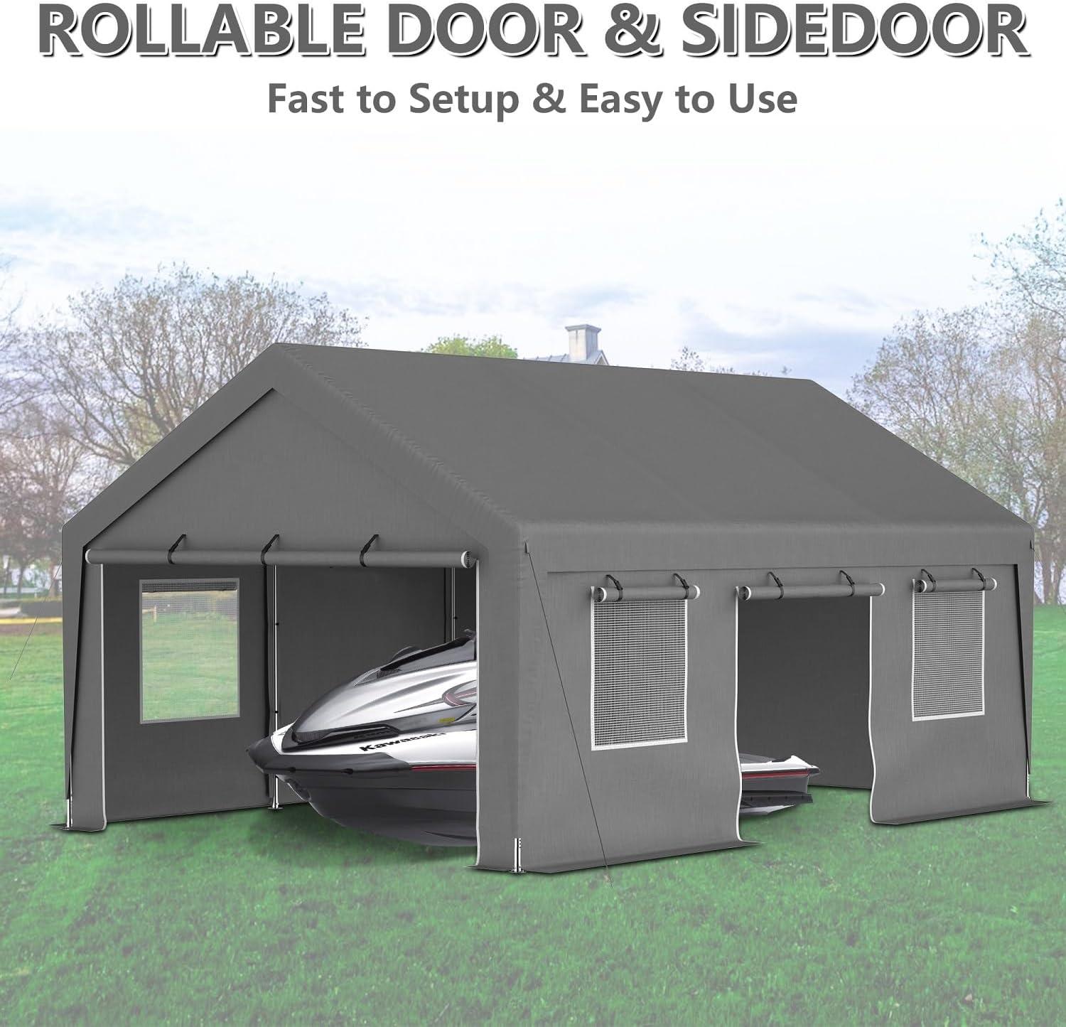 LZBEITEM Carport, 13' x 20' Heavy Duty Carport with Roll-up Sidewall and Ventilated Windows, Portable Outdoor Garage for Car, Truck, SUV, Boat, Car Canopy with All-Season Tarp, Gray, Height 9.8'