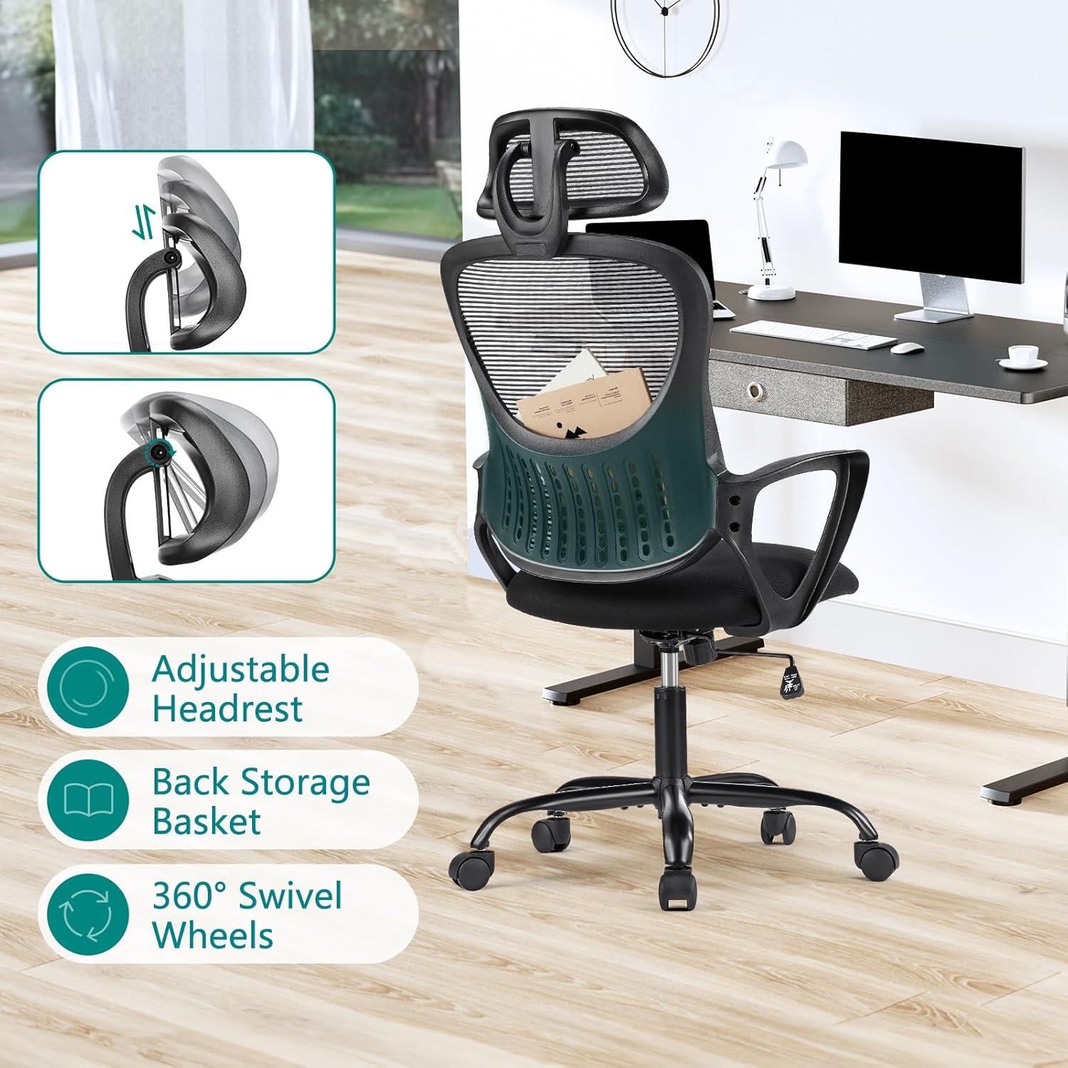 Office Computer Desk Chair, Ergonomic High-Back Mesh Rolling Work Chairs with Wheels and Adjustable Headrests, Comfortable Lumbar Support, Comfy Flip-up Arms for Home, Bedroom, Study,Black