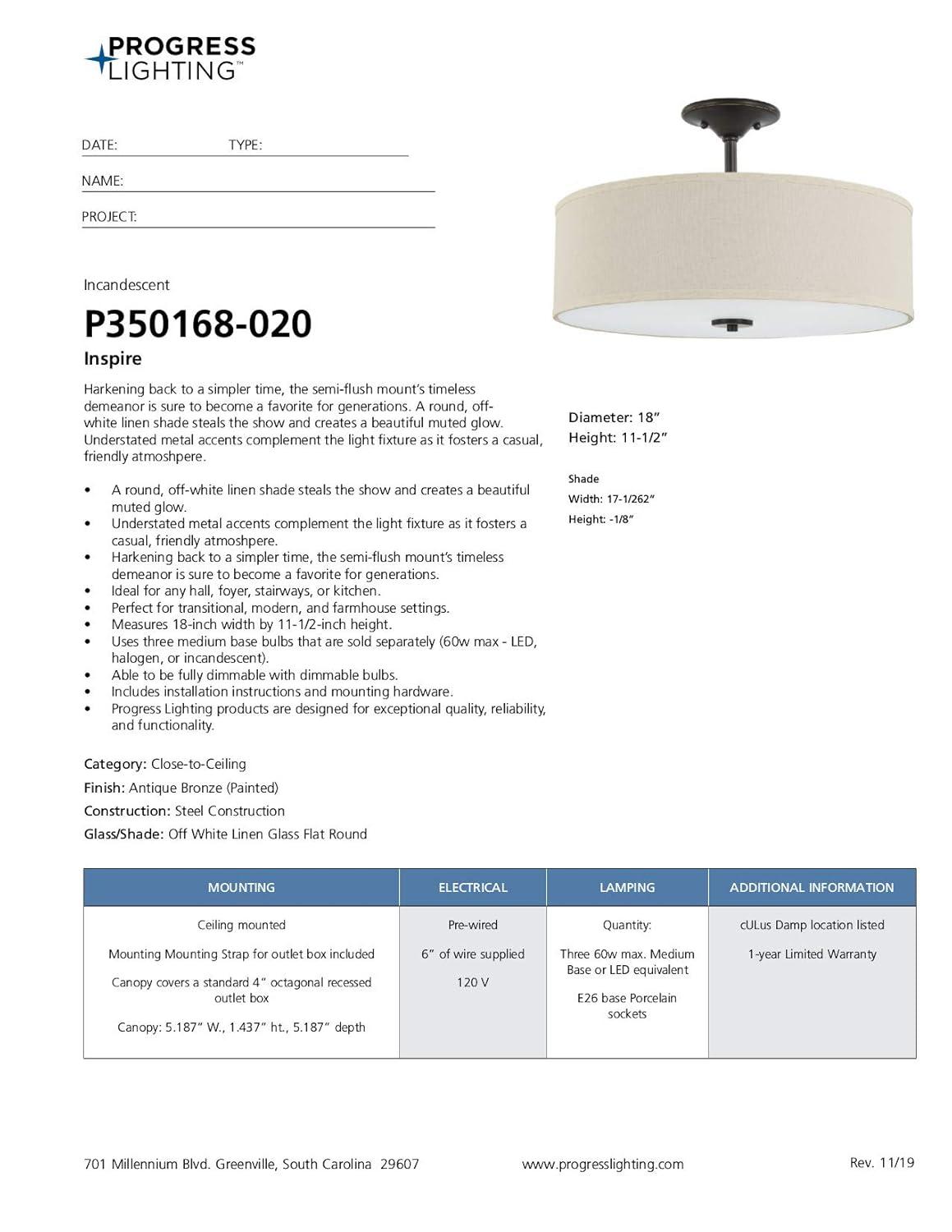 Progress Lighting, Inspire Collection, 3-Light Semi-Flush Mount, Antique Bronze, Off-White Linen Shade