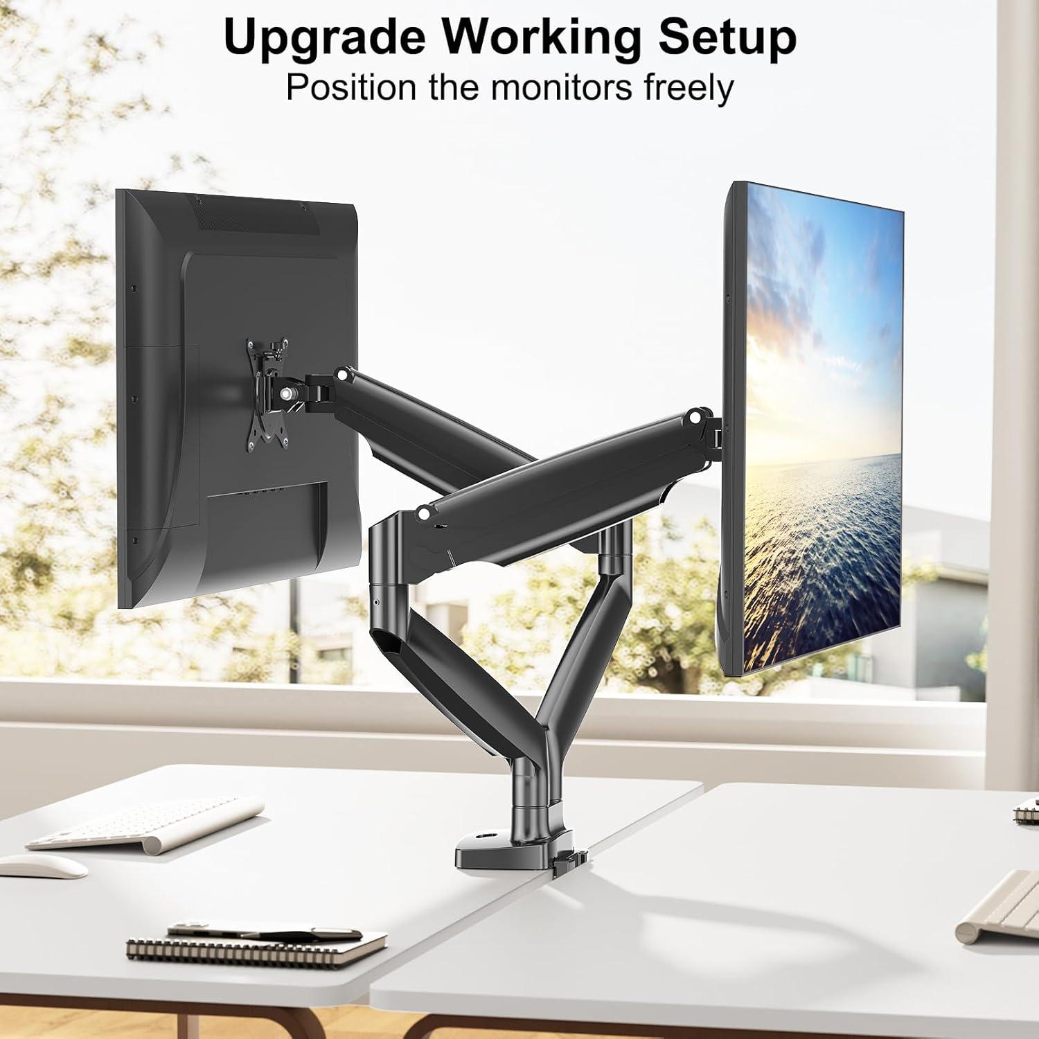 Black Dual Monitor Desk Mount with Gas Spring Arms and Riser