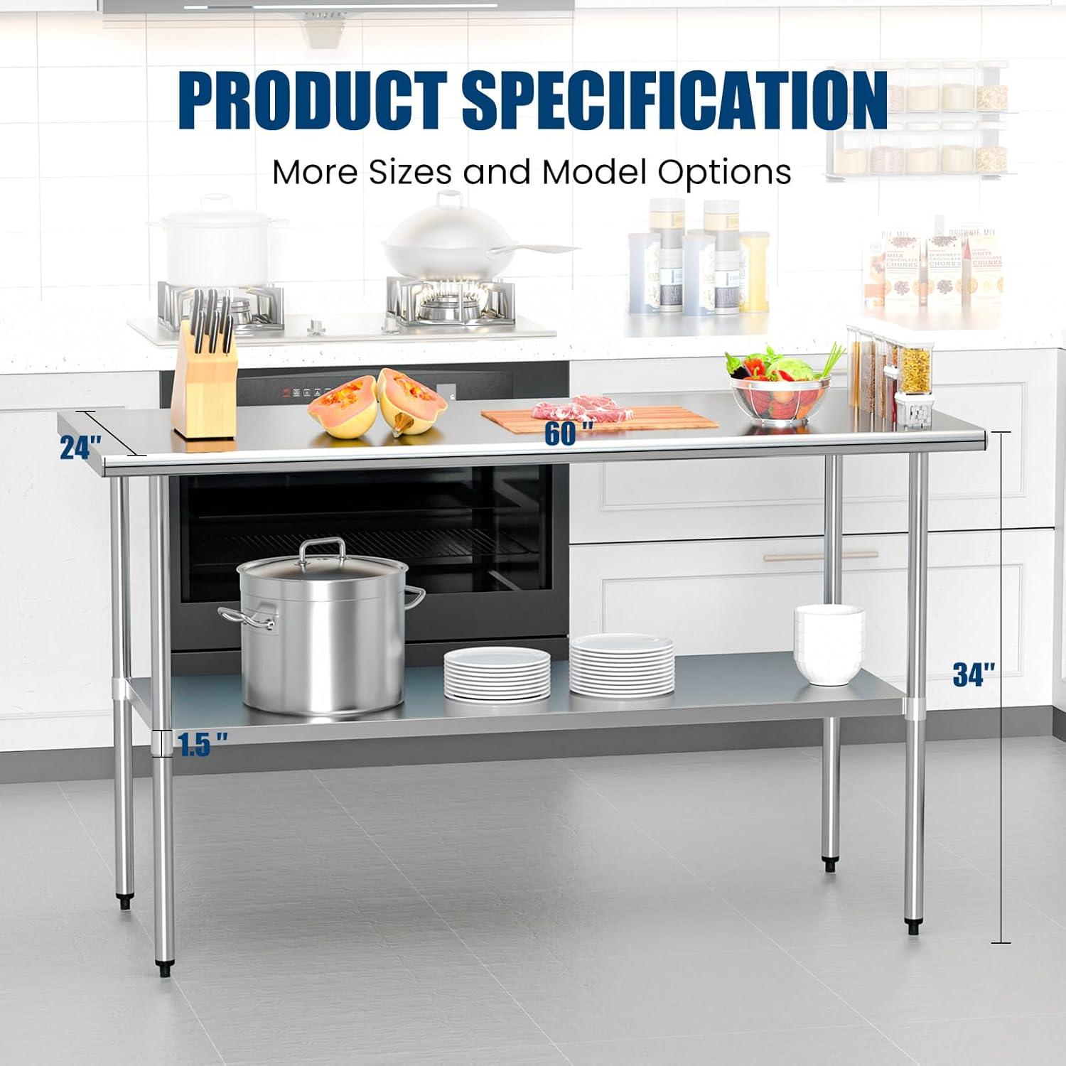 Stainless Steel Work Table with Undershelf. Metal Prep Table. NSF - Certified