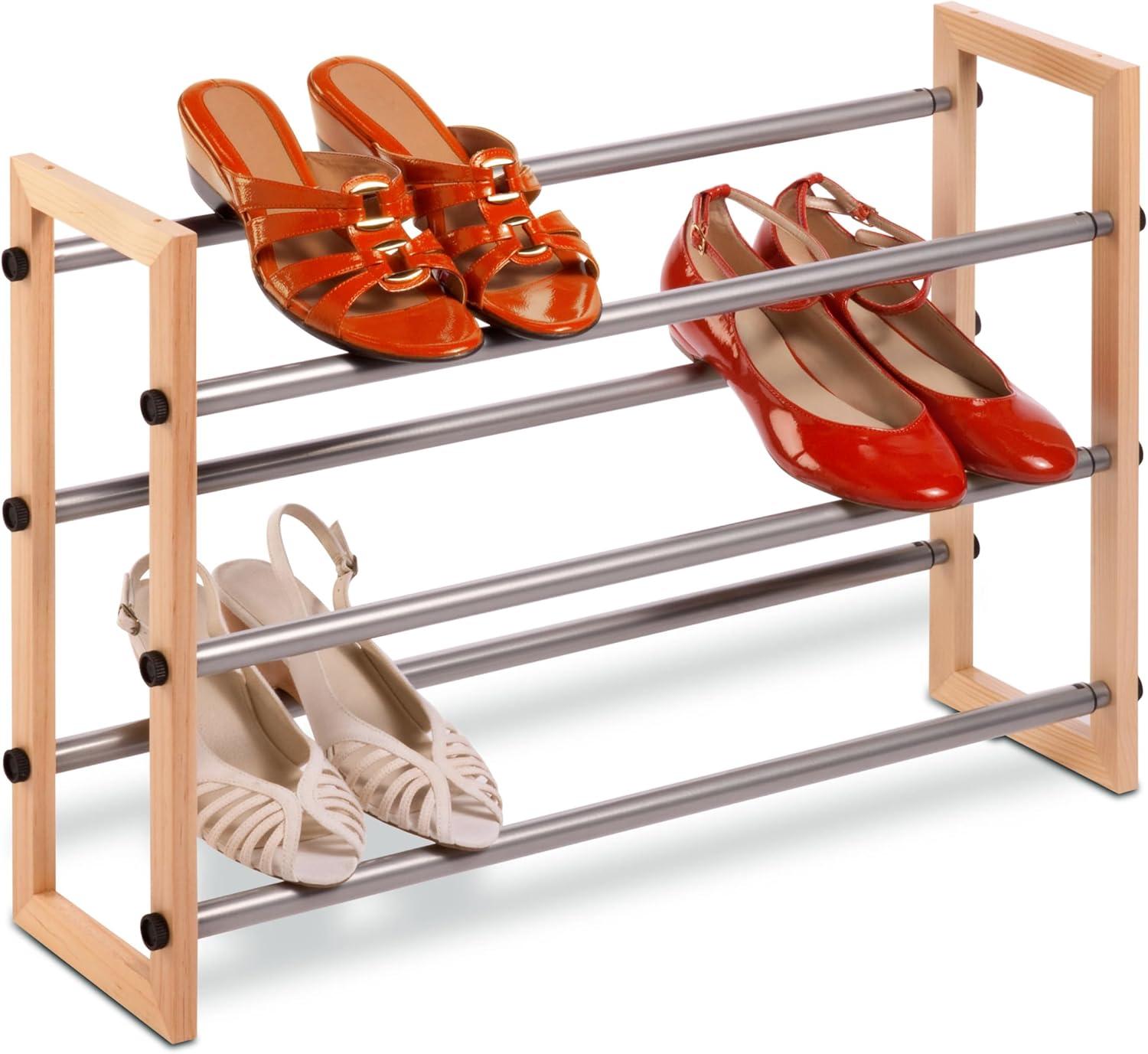 Honey-Can-Do Steel and Wood 3-Tier Expandable 12-Pair Shoe Rack, Natural/Silver