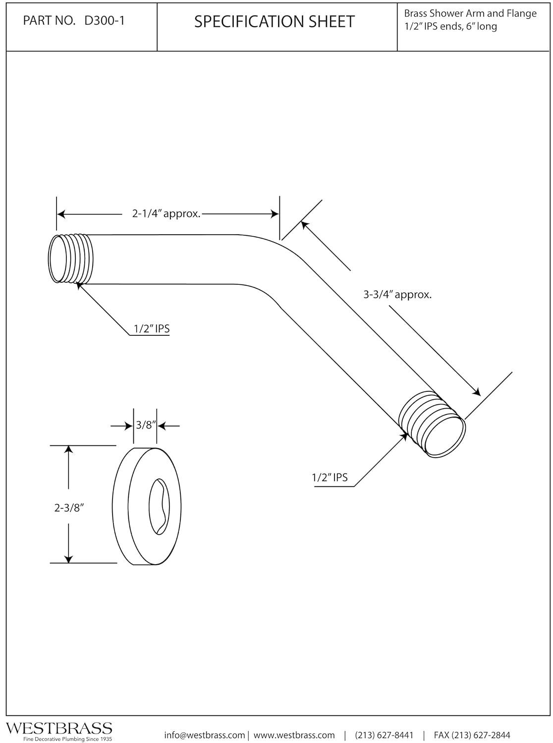 Westbrass 1/2" IPS x 6" Wall Mount Shower Arm with Sure Grip Flange D300-1-01
