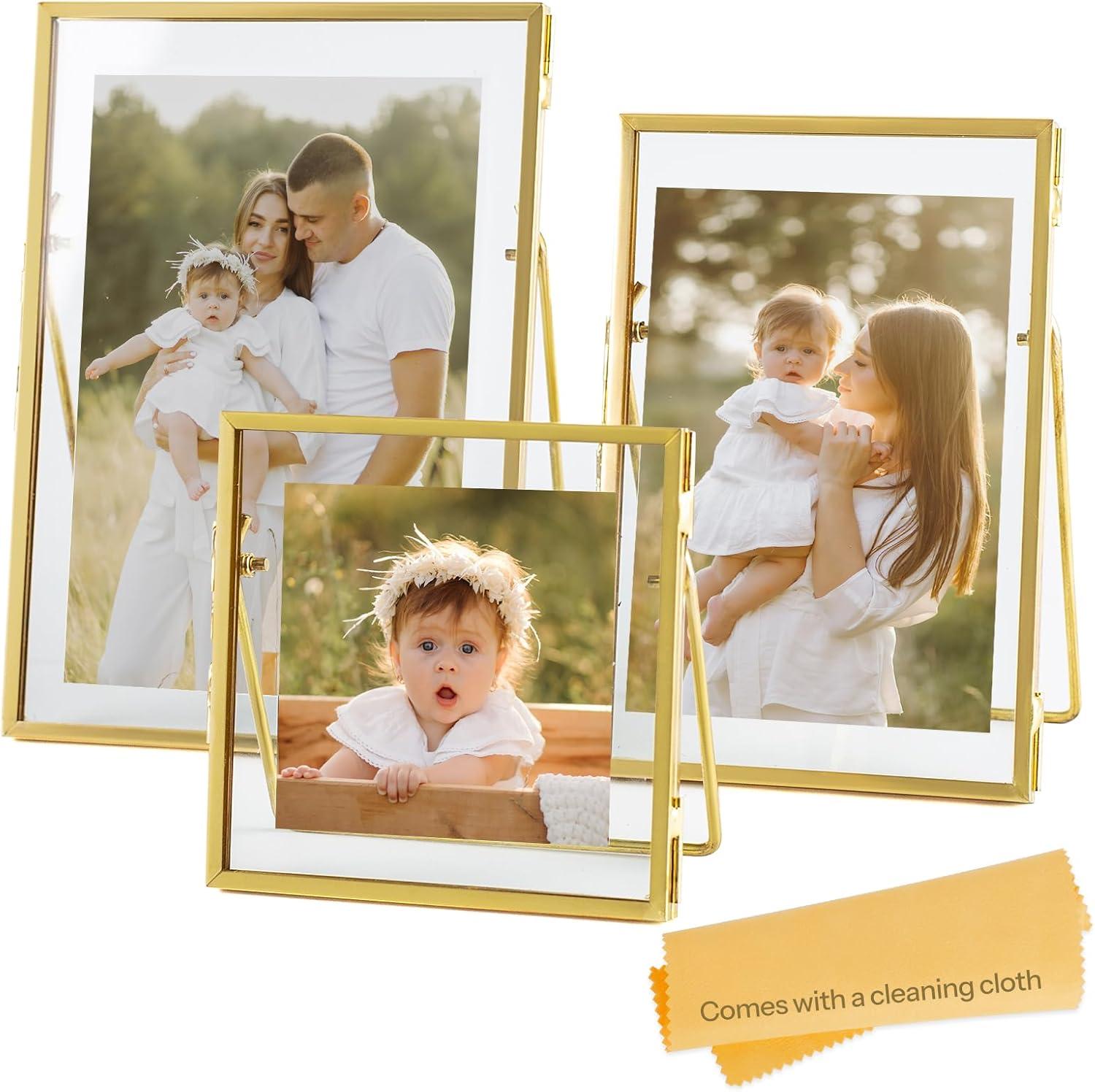 Gold Metal Floating Glass Picture Frames Set, 4x4, 4x6, 5x7