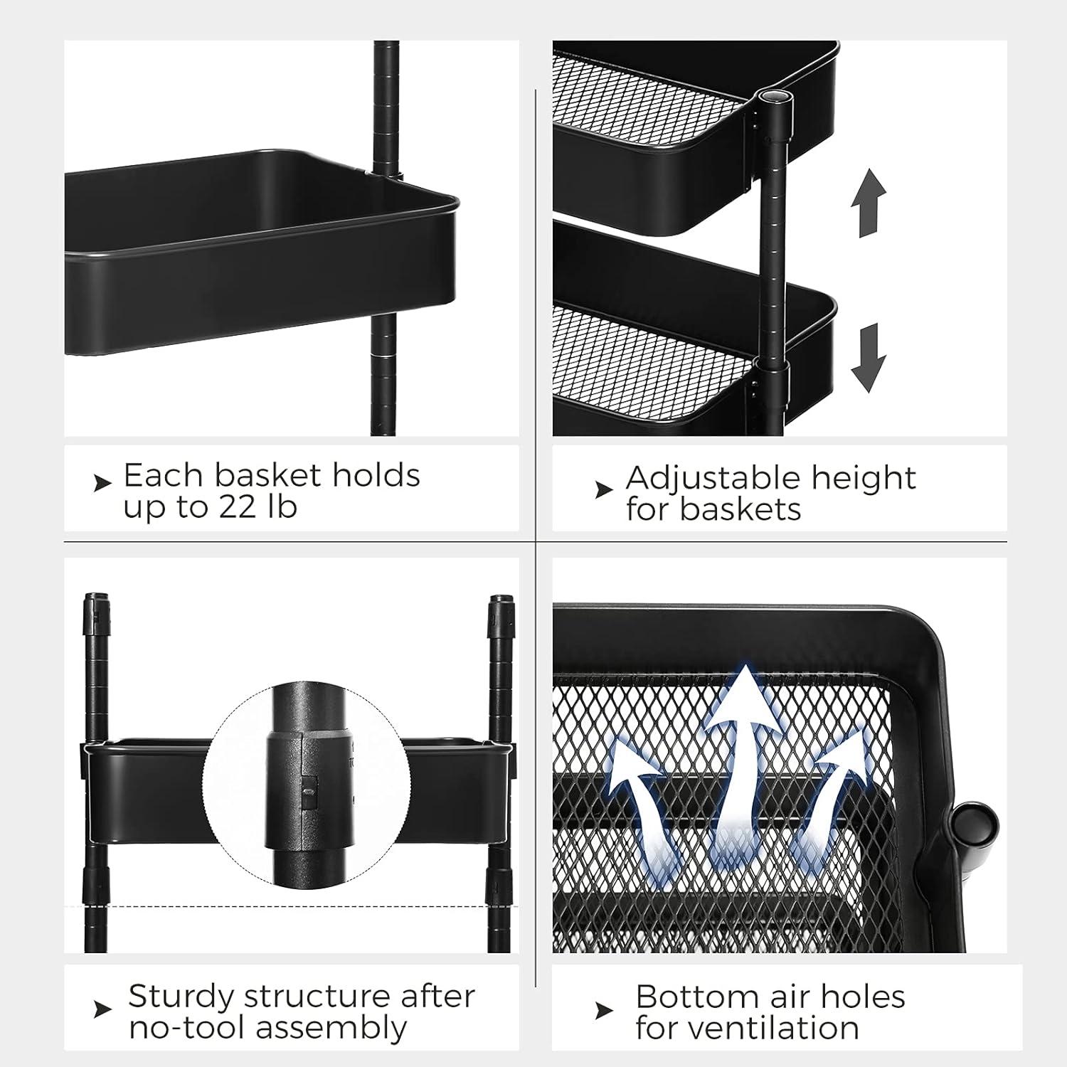 SONGMICS Rolling Cart 3-Tier Storage Cart Utility Cart