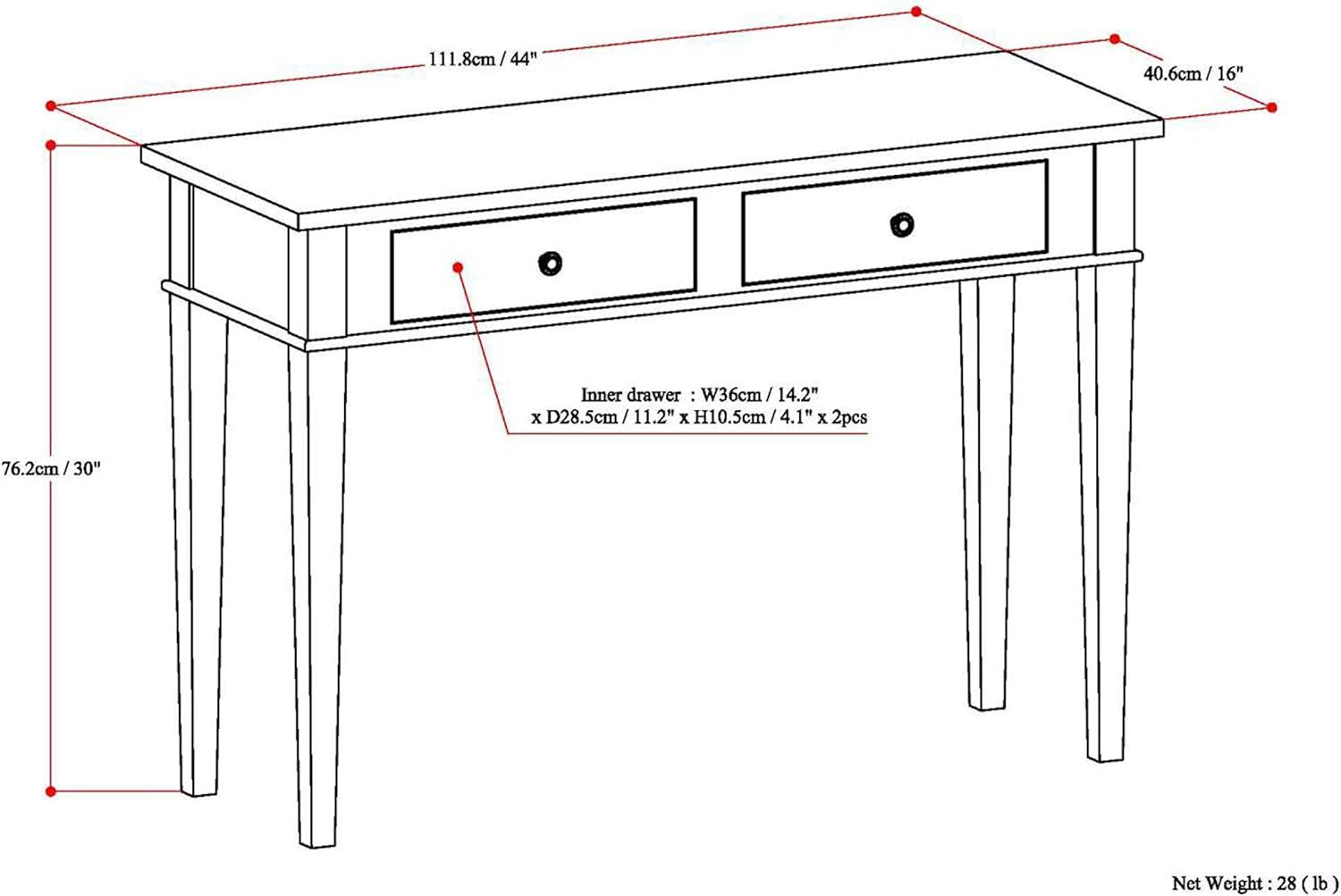 Simpli Home Carlton 44"W Solid Wood Storage Console Table in Dark Tobacco Brown with 2 Drawers