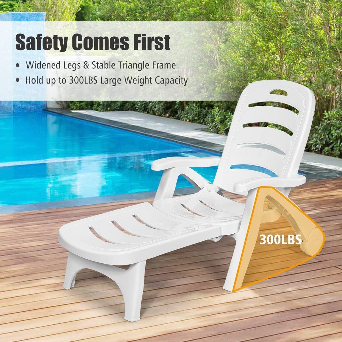 Costway Adjustable Folding Patio Chaise Deck Chair Lounger 5 Position Recliner w/ Wheels