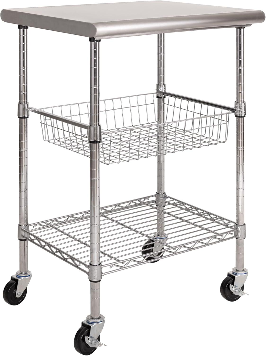 48'' Wide Stainless Steel Kitchen Rolling Cart Island with Solid Wood Top