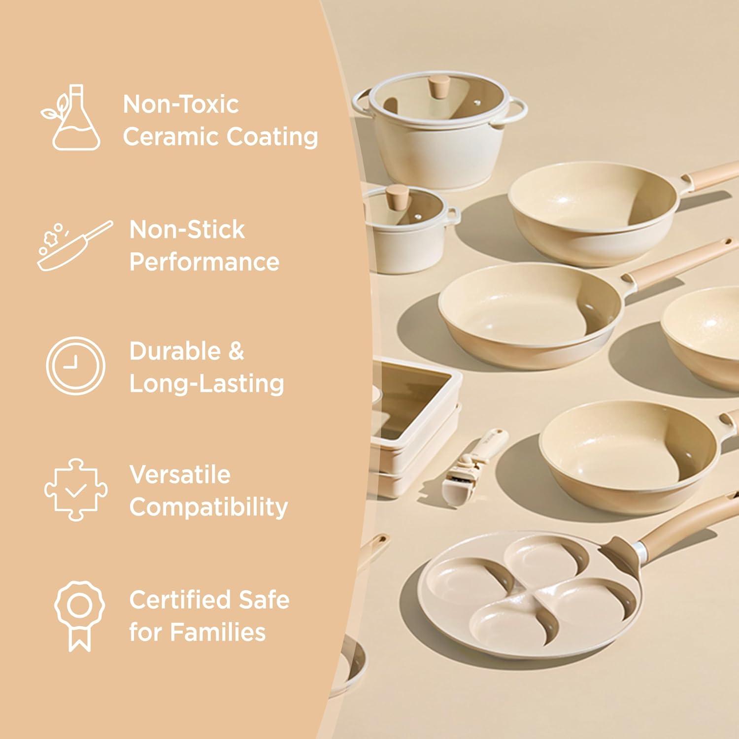 Beige Eco Ceramic Non-Stick Induction Wok Pan, 28cm