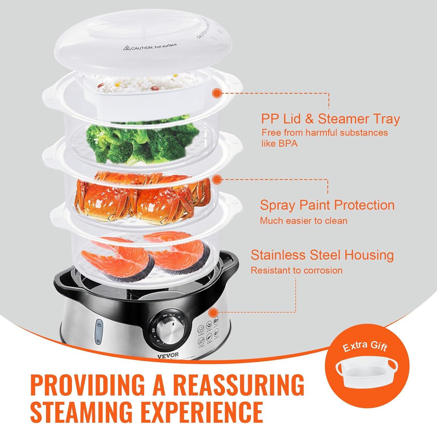 Black 9.5 Qt Electric Food Steamer with 3 Stackable Trays