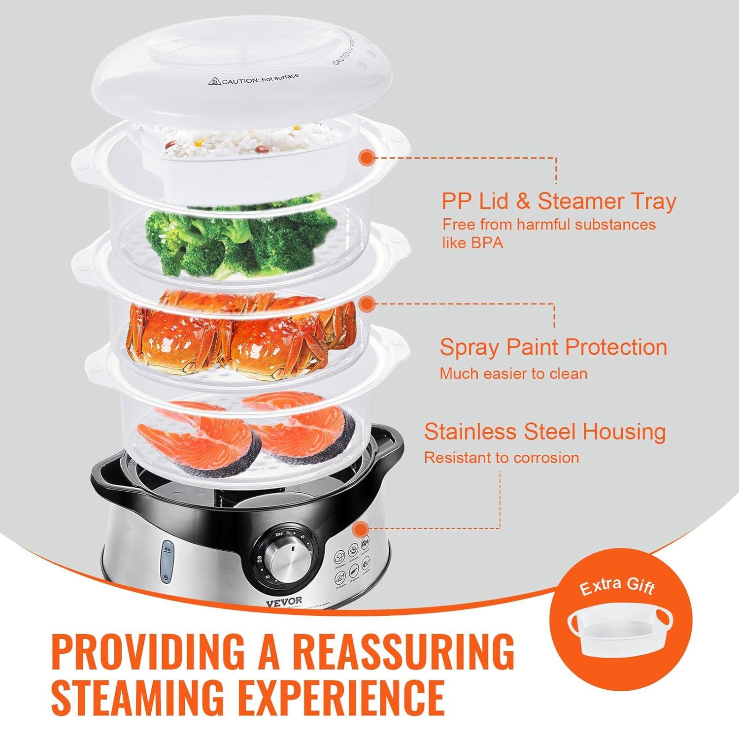 VEVOR VEVOR 9.5Qt Electric Food Steamer 3-Tier Vegetable Steamer & 60 Min Timer 800W