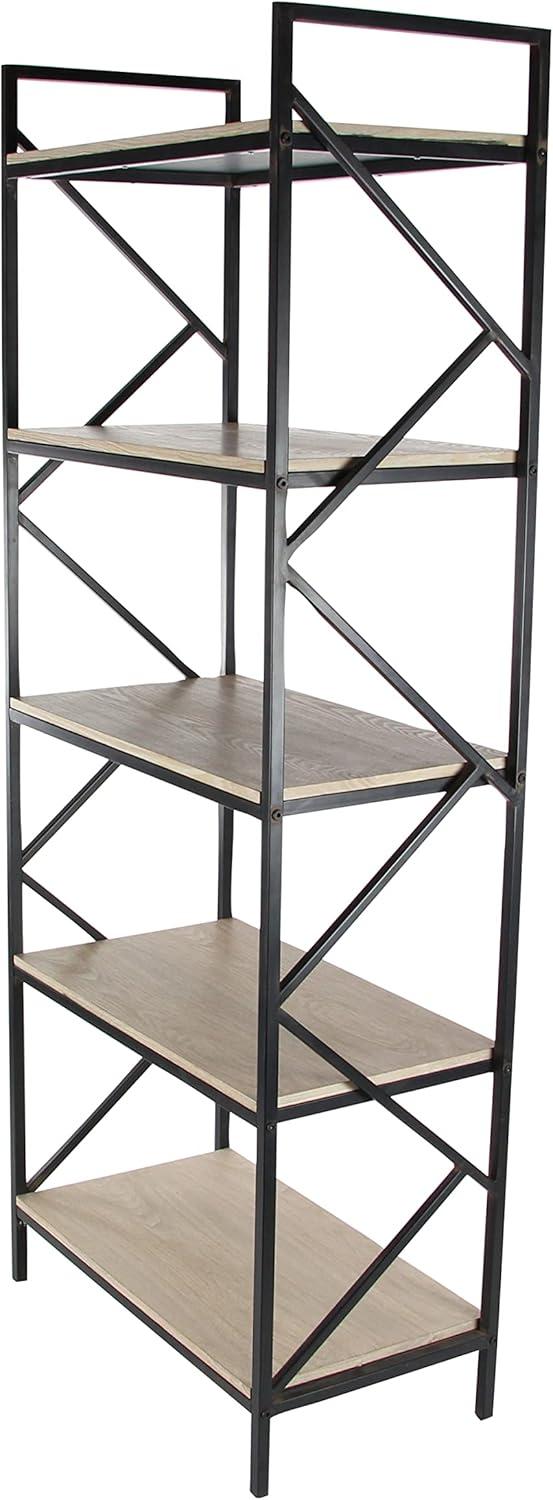 DecMode 29" x 74" Brown Wood 5-Tier Shelving Unit with Black Metal Frame, 1-Piece