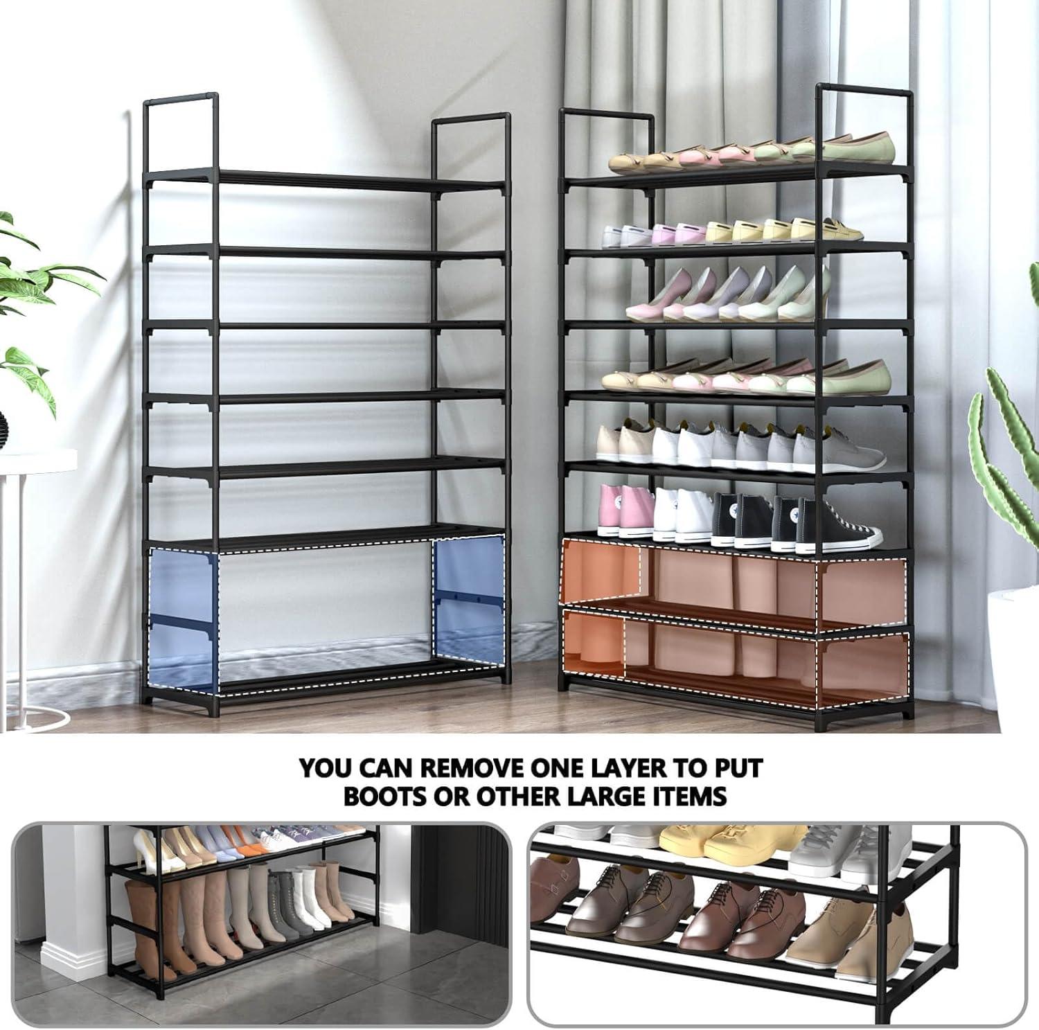 8-Tier Black Metal Stackable Shoe Rack with Hooks