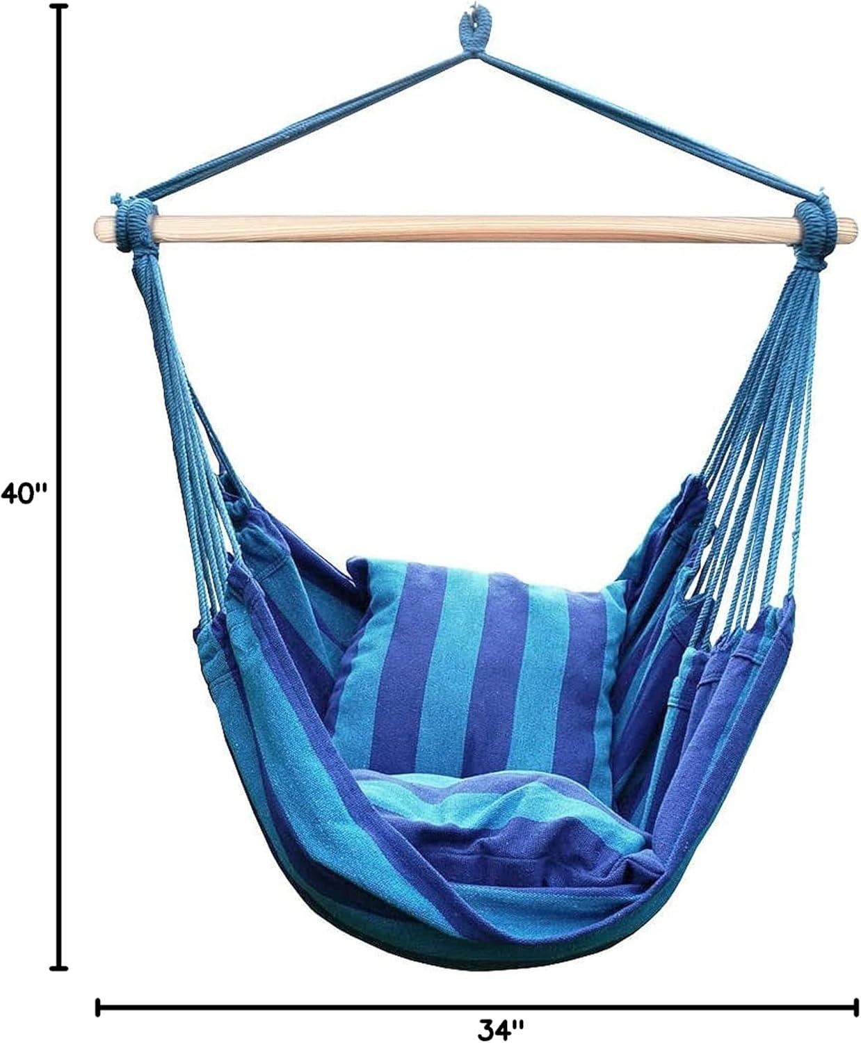 Blue and Green Striped Cotton Hanging Hammock Chair with Cushions