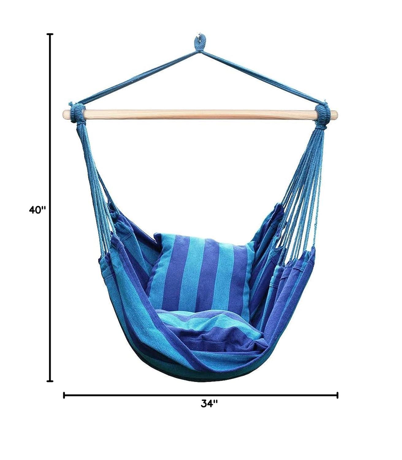 Blissun Hanging Hammock Chair, Hanging Swing Chair with Two Cushions, 34 Inch Wide Seat Blue & Green Stripes (Seaside Stripe)