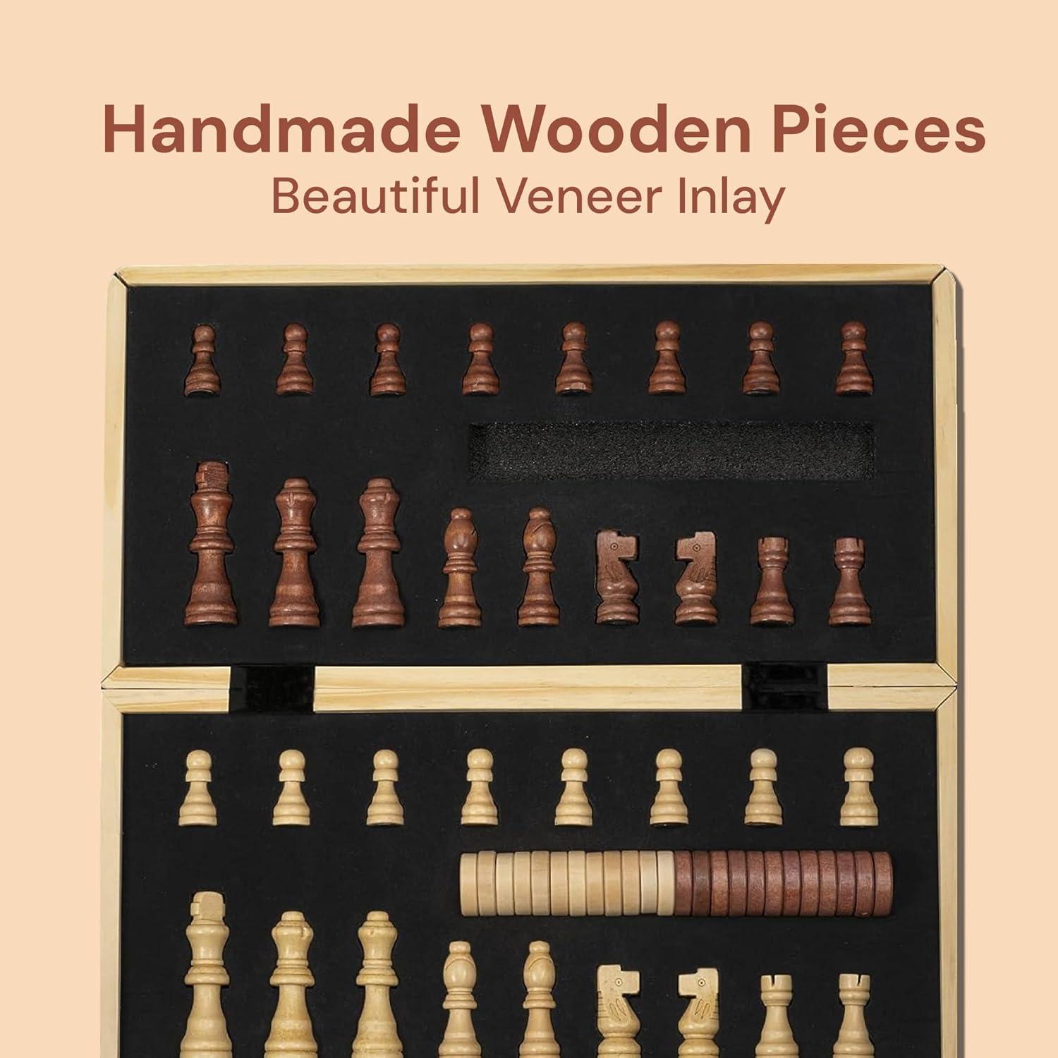 KiddiTouch 15 inch Magnetic Wooden Chess Set 2 in 1 Folding Chess Board Travel Chess Games for Adults and Kids