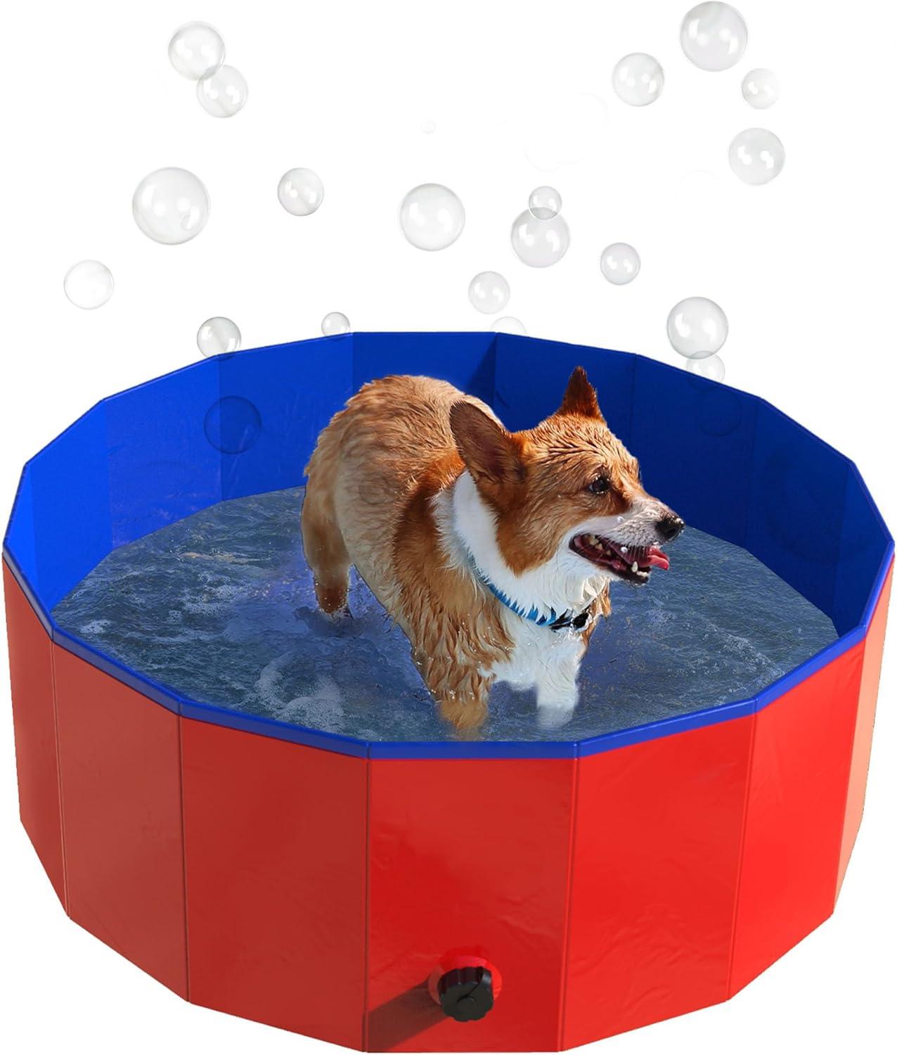 Dog Pool - Portable, Foldable 30.5-Inch Doggie Pool with Drain and Carry Bag - Pet Swimming Pool for Bathing or Play by PETMAKER (Red)