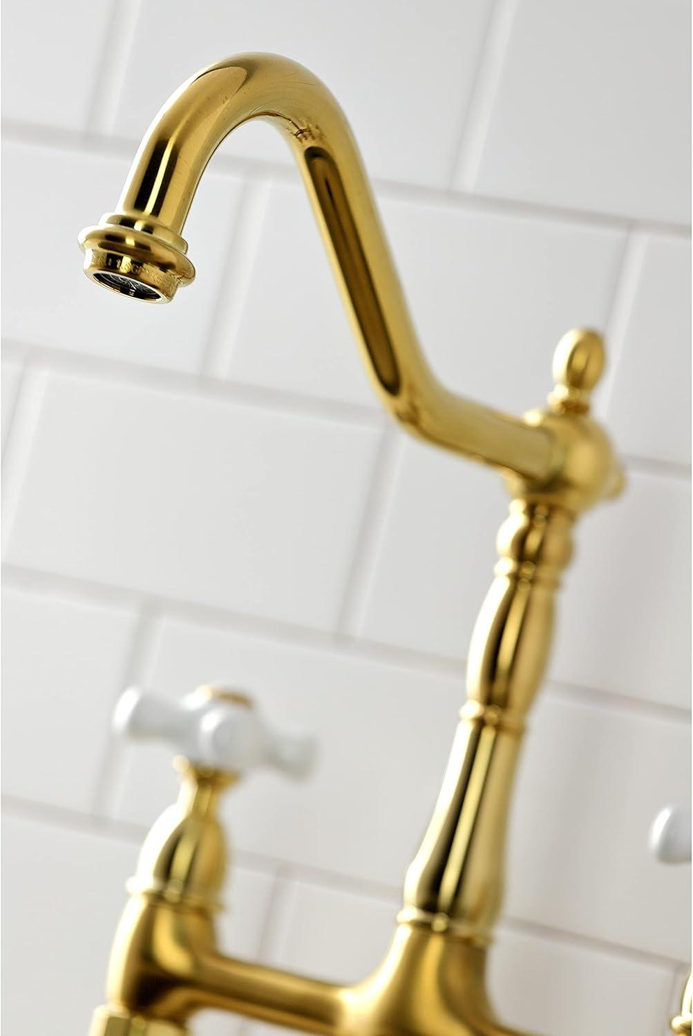 Kingston Brass Heritage Two-Handle 4-Hole Deck Mount Bridge Kitchen Faucet with Brass Side Sprayer