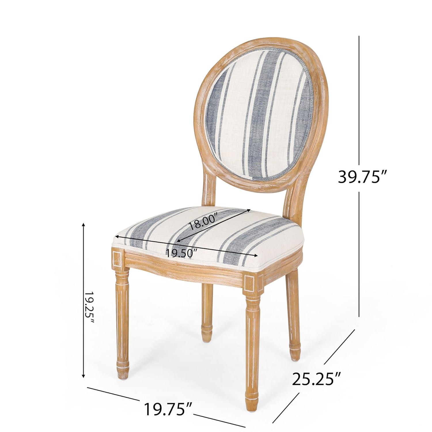 Set of 2 French Country Dark Blue Striped Upholstered Dining Chairs
