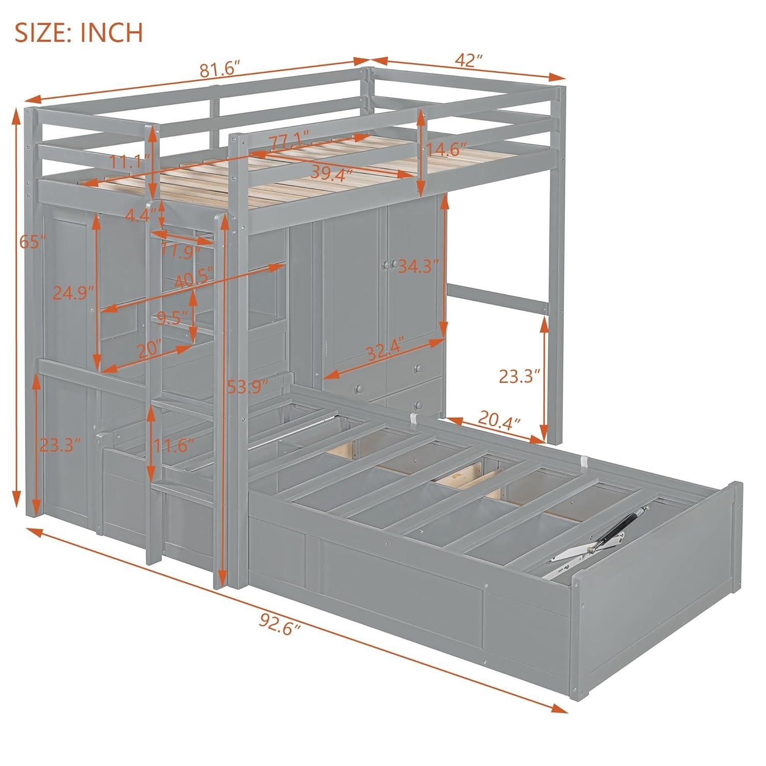 yuanhuan Twin Bunk Bed With Drawers, Wardrobe, Storage Shelves And Hydraulic Bed