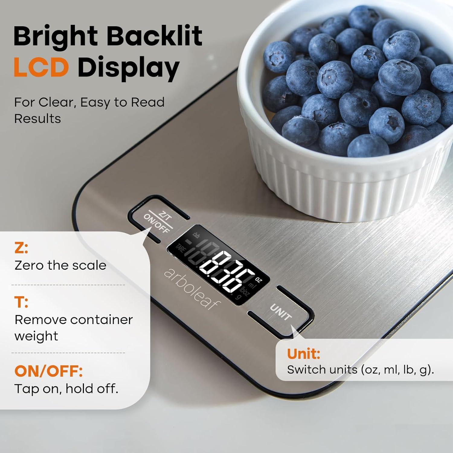 arboleaf Food Kitchen Scale, 22lb Digital Weight Grams and Ounces for Baking and Cooking, 1g/0.01oz Precise Food Scales for Kitchen, Backlit LCD Display, Tare Function, Stainless Steel