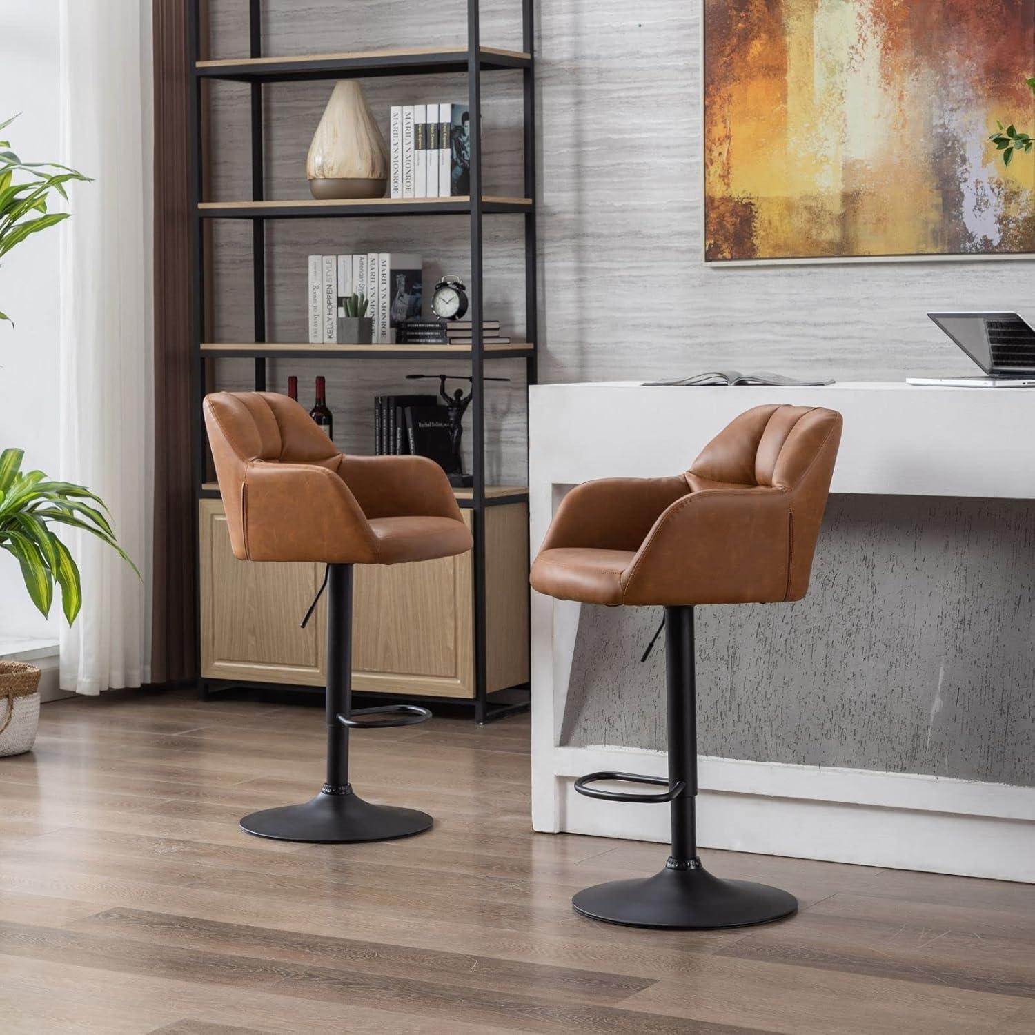 Adjustable Brown Leather Swivel Bar Stools with Metal Base