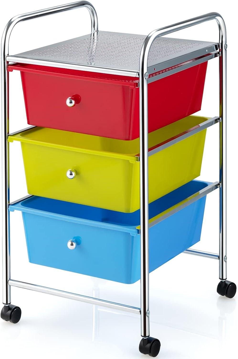 Multicolor 3-Drawer Rolling Storage Cart with Plastic Drawers