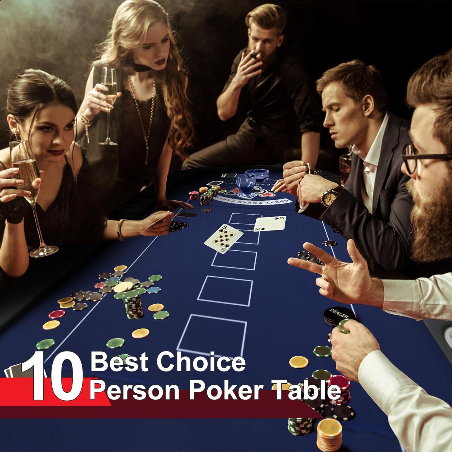 RayChee Poker Table 84'' 10-Player Foldable Poker Table, Portable Casino Leisure Texas Holdem Table with Padded Rails and Cup Holders