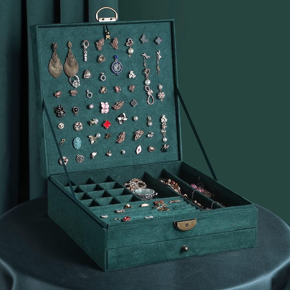 Women Jewelry Box Lockable 3 Layers Large Jewelry Organizer Storage Case for Earrings Necklaces Rings Bracelets,Green Display Jewel Holder (Green)