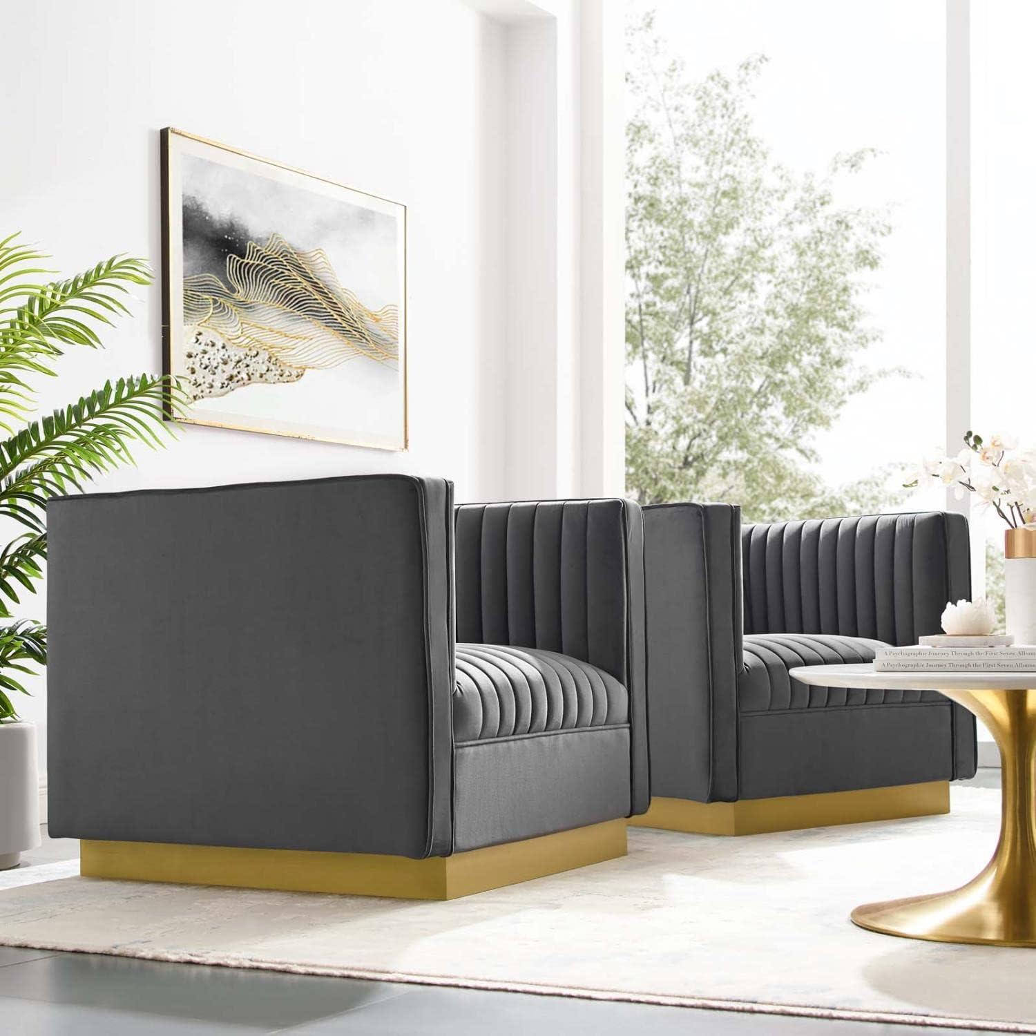 Gray Velvet Channel Tufted Armchair Set with Gold Metal Base