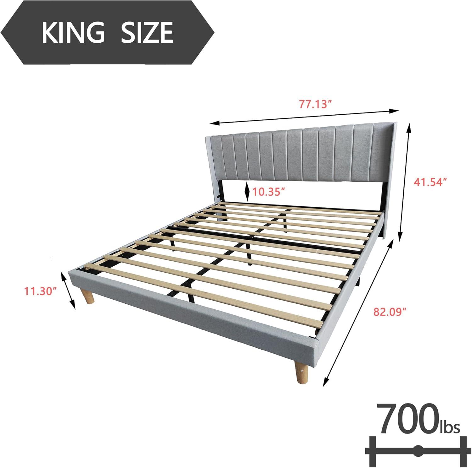 alazyhome Upholstered Platform King Size Bed Frame with Headboard Wooden Slats Support No Noise Easy Assembly Light Grey Linen