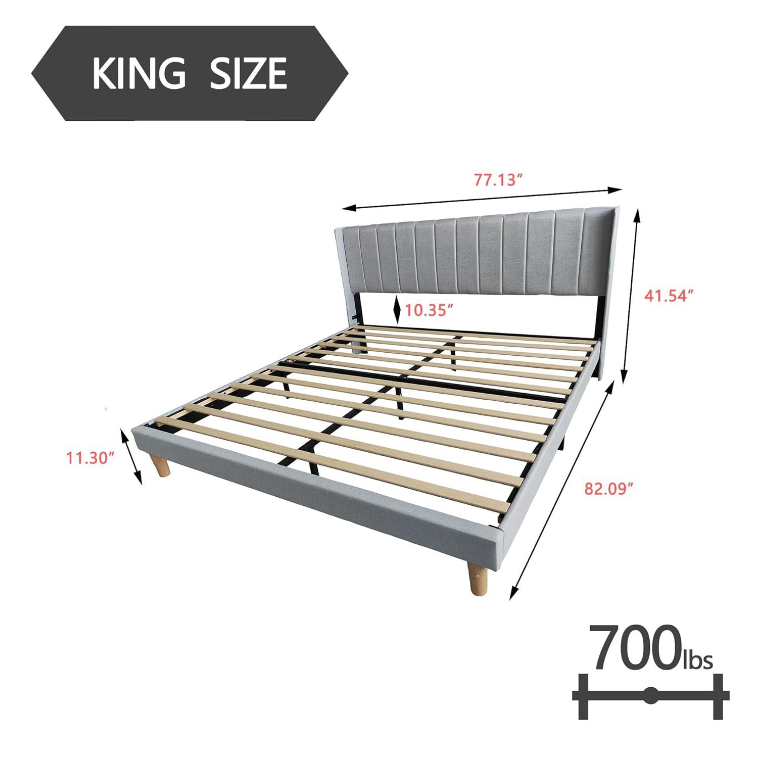 alazyhome Upholstered Platform King Size Bed Frame with Headboard Wooden Slats Support No Noise Easy Assembly Light Grey Linen