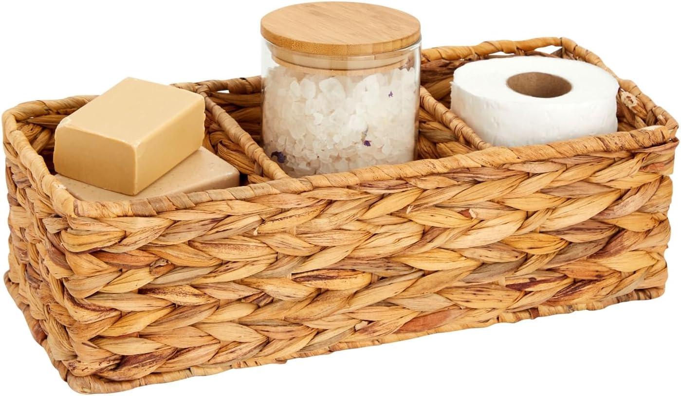 Farmlyn Creek 3-Section Wicker Baskets for Shelves, Water Hyacinth Storage Baskets for Bathroom Organizing, 2-Pack