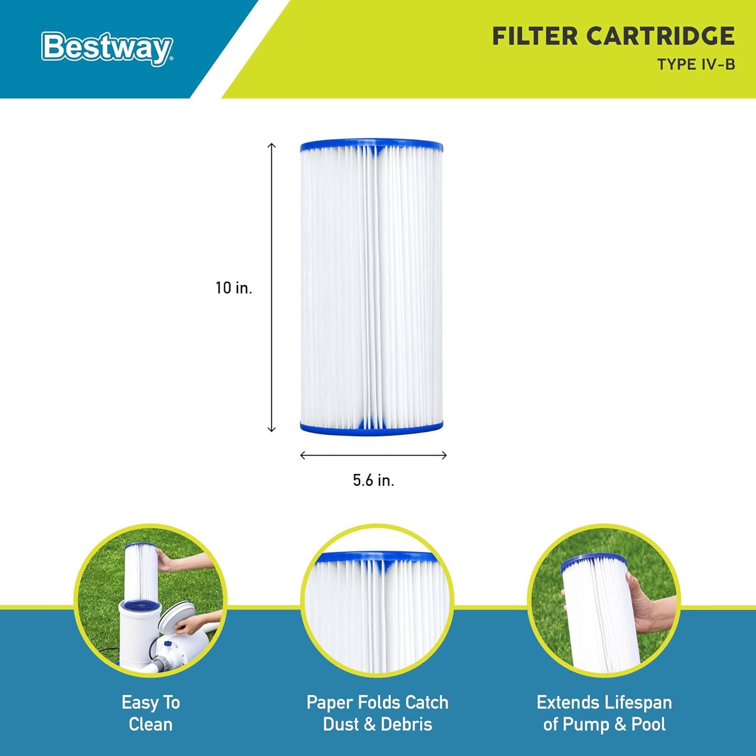 Bestway 58095E Swimming Pool Filter Pump Replacement Cartridge Type IV or Type B for 2,100 to 2,500 GPH Filter Pumps, Pack of 4