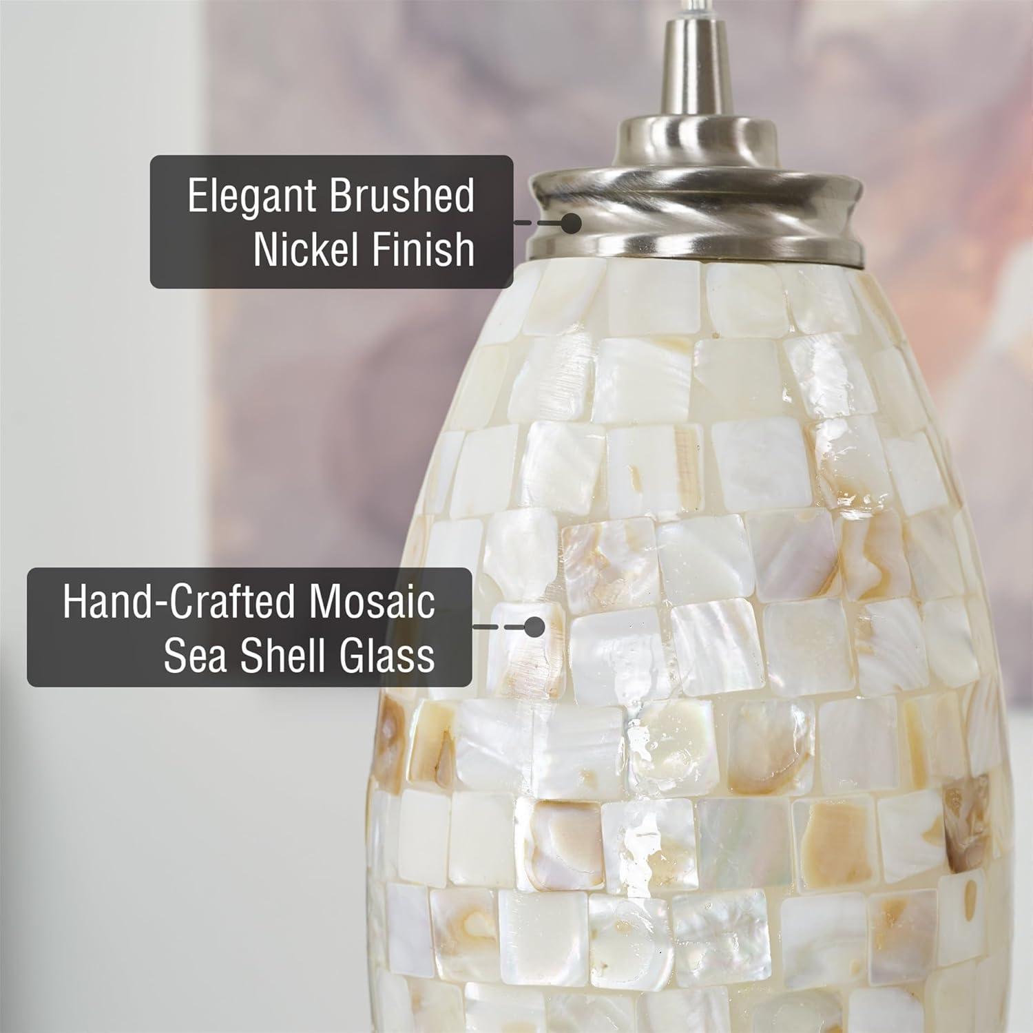 Kira Home Coast 9" Modern Oval Mini Pendant Light + Hand-Crafted Mosaic Sea Shell Glass, Brushed Nickel / Neutral Color