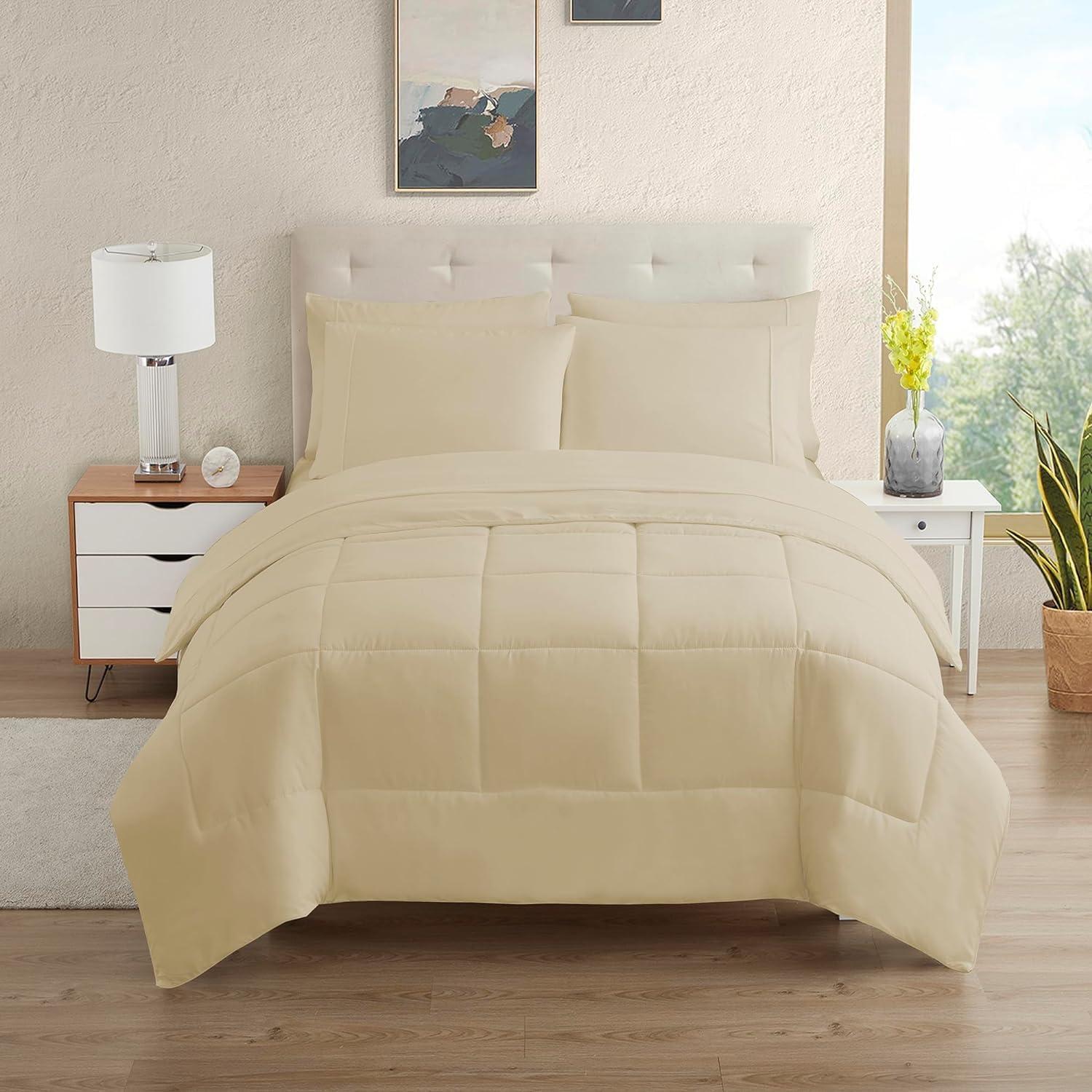 Bed-in-A-Bag Solid Color Comforter & Sheet Set Soft All Season Bedding, Queen, Beige