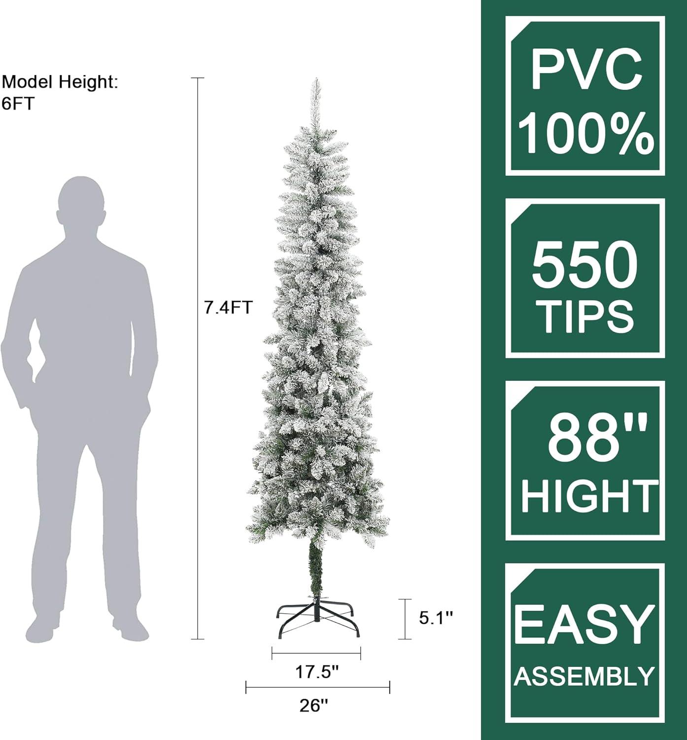 LuxenHome 7.4Ft Pencil Artificial Flocked Christmas Tree, Unlit Skinny Christmas Tree with X-Shape Metal Stand Green