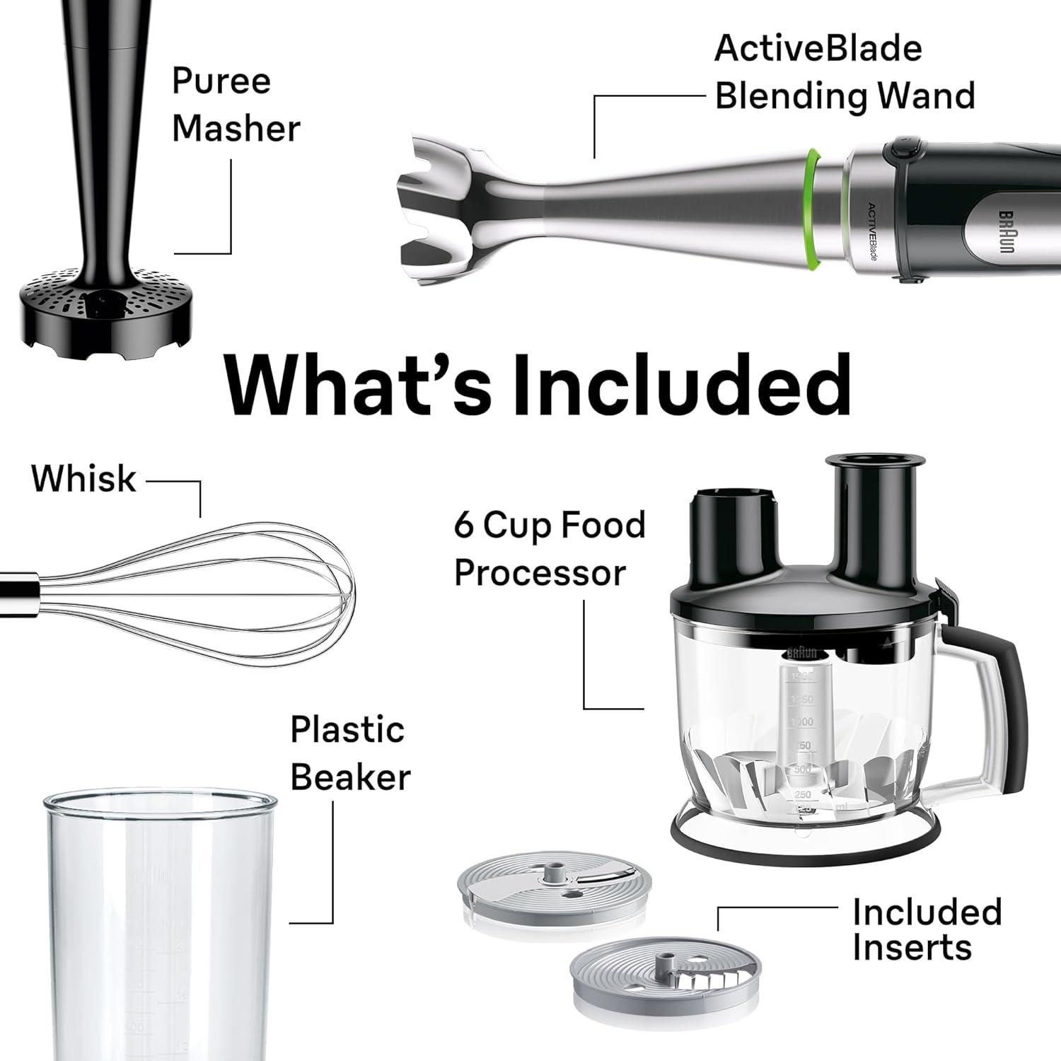 Braun Braun MultiQuick 7 Smart-Speed Hand Blender with 500 Watts of Power, Whisk, Masher, and 6-Cup Food Processor
