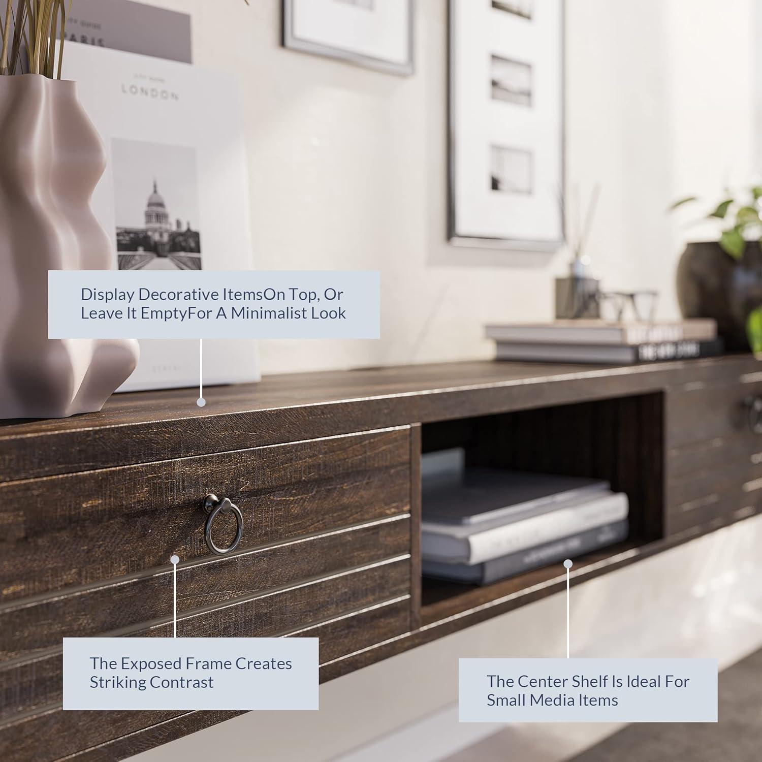 BELLEZE Modern Floating Wall Mounted 63 Inch TV Console With Built-In Shelf & Compartments, Space Saving Decorative Contemporary Media Storage, For Up To 100lbs - Langston (Espresso)