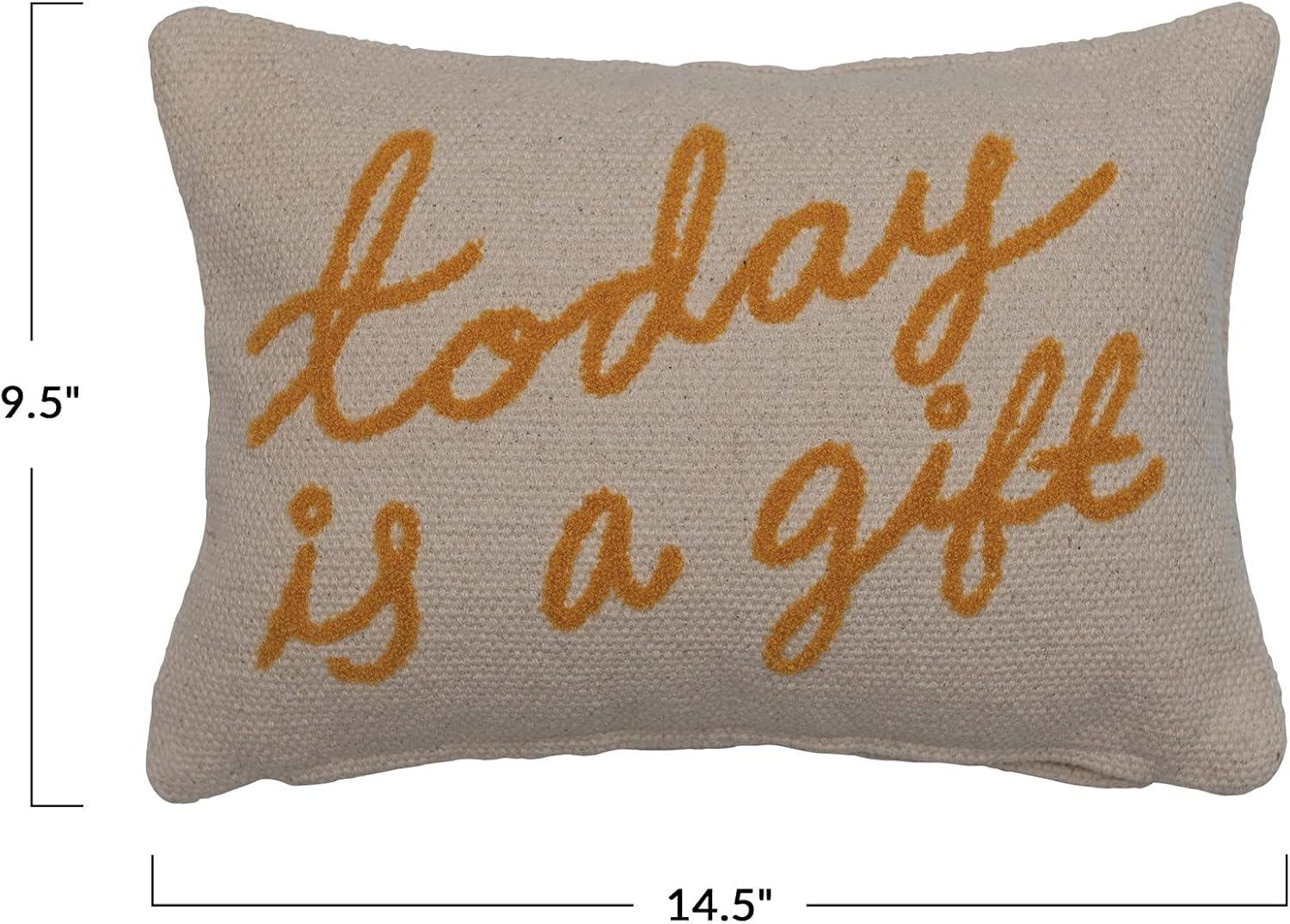 Embroidered Cotton Lumbar Pillow with "Today Is A Gift" Design