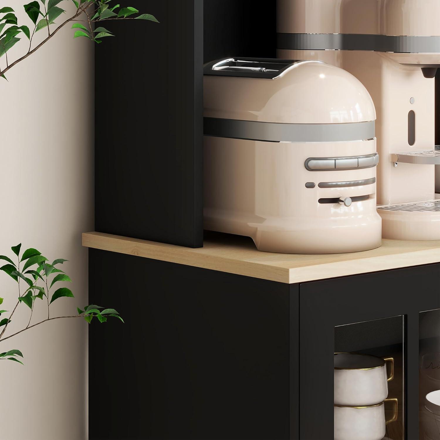 HOMCOM Kitchen Buffet with Hutch, Storage Pantry with 3 Cabinets, 2 Open Shelves and Large Countertop, Black