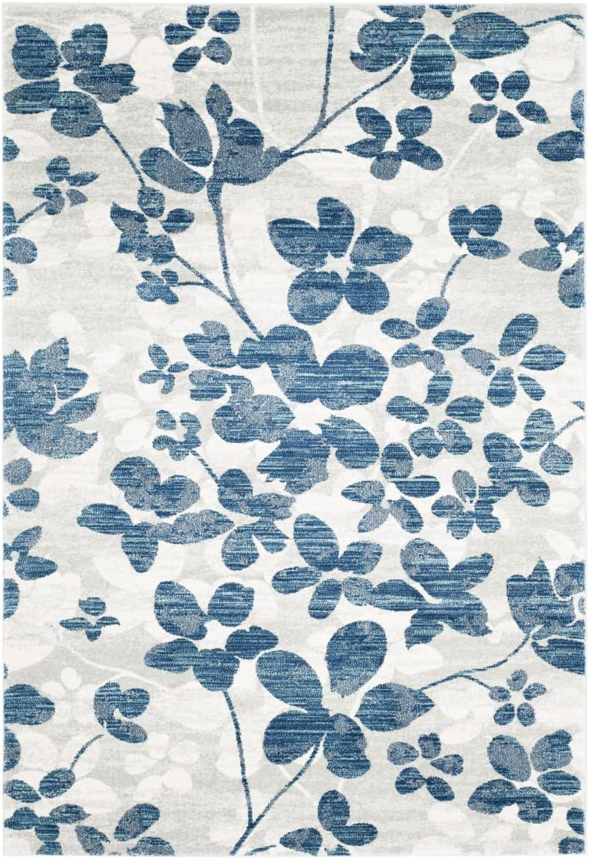 Grey and Light Blue Floral Synthetic Area Rug, 6'7" x 9'