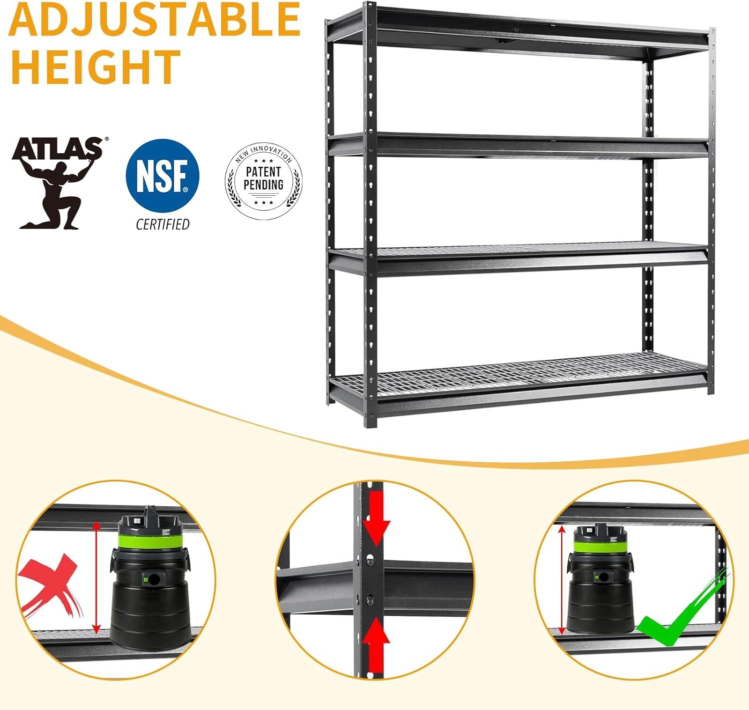 Shuntong The Atlas Load 8000 Lbs 4 Tier Heavy Duty Garage Shelving, 72" W x 24" D x 72" H Metal Storage Shelves, Adjustable Industrial Steel Rack for Warehouse Basement Shop, Black