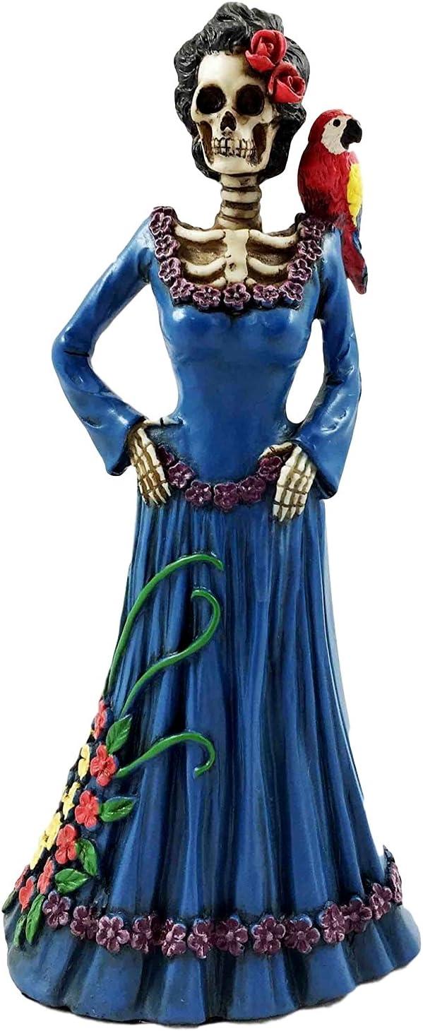 Blue Day of the Dead Lady Figurine with Parrot