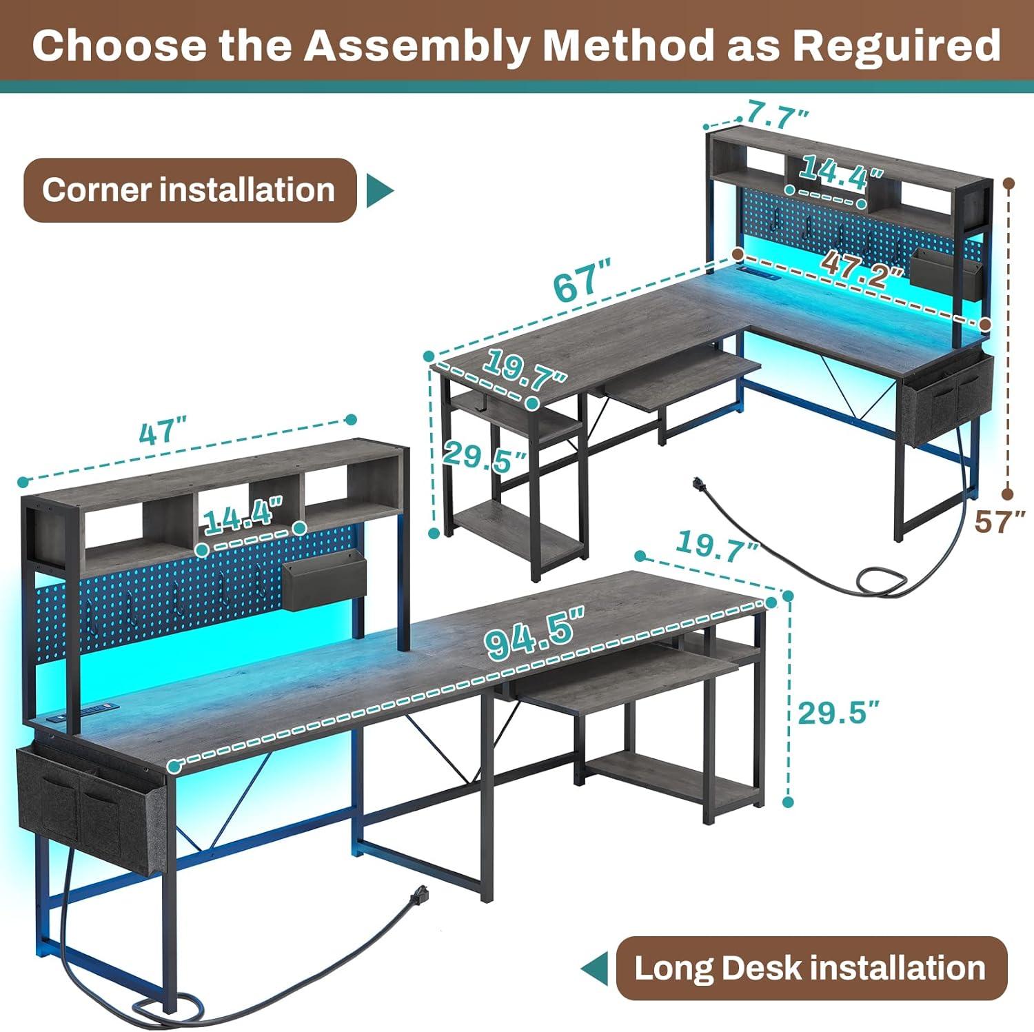 SEDETA L Shaped Desk, 94.5 Inch Home Office Desk with Power Outlet & Pegboard, L Shaped Gaming Desk with LED Light, Keyboard Tray, Storage Shelves and Headphone Hook for Home Office, Grey