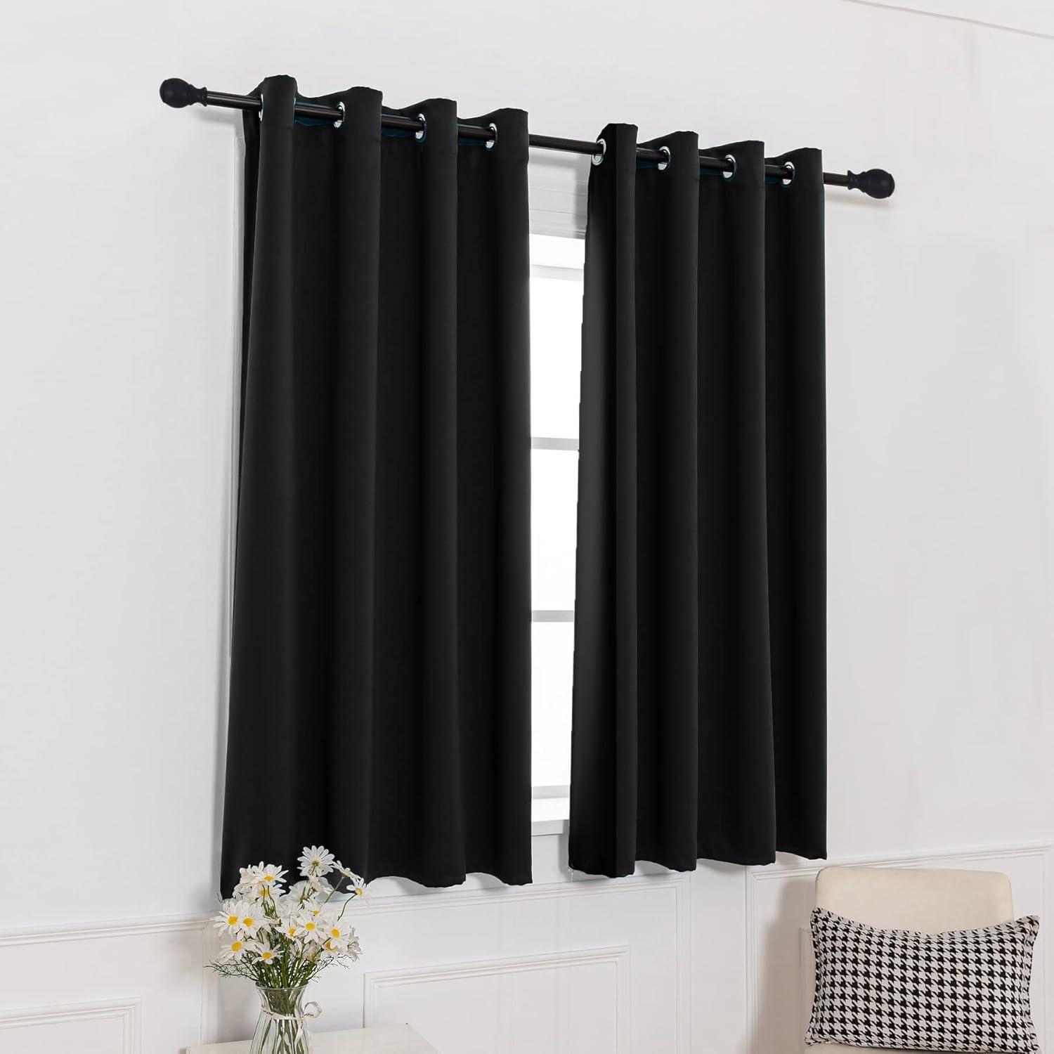 Coodeto Short Blackout Curtains Black, Set of 2, W52 x L63 - Blackout Curtains for Kitchen and Kids Bedroom