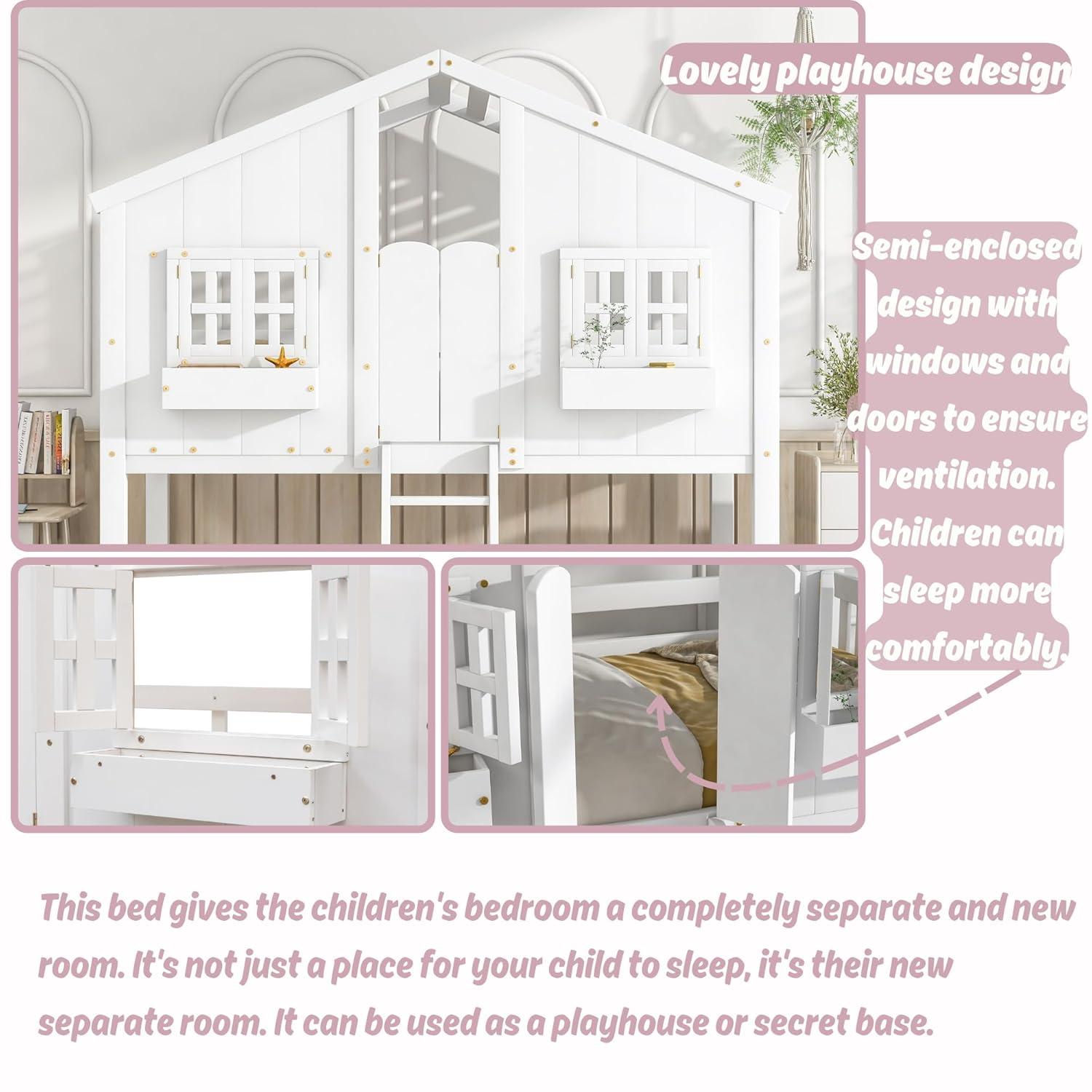 Harper & Bright Designs House Bunk Bed Twin Over Twin Kids Bunk Bed Wood Frame with Roof, Window, Window Box, Door, Safety Guardrails and Ladder, for Girls Boys (Twin Size, White)