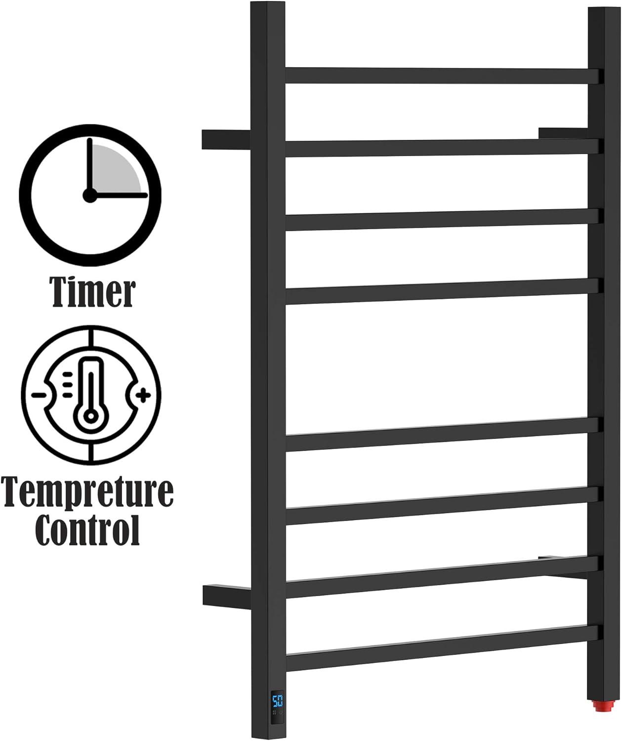 HEATGENE Towel Warmer with Timer and Temperature Control, Electric Towel Warmer with 8 Square Bars, Wall-Mounted Electric Towel Rack with 8 Square Bars, Plug-in/Hardwired Towel Rails - Matte Black