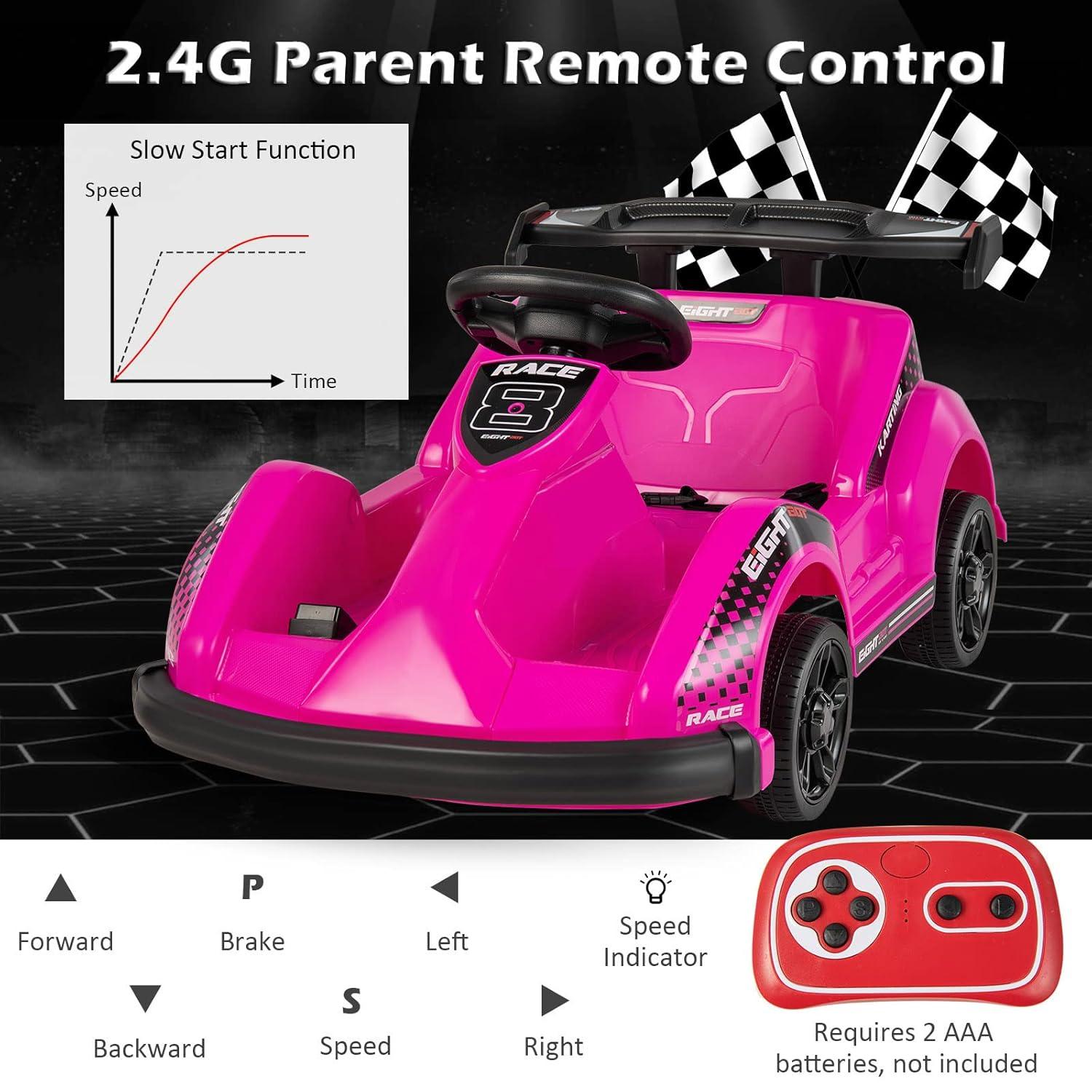 Costway 6V Electric Go Kart for Kids Electric Ride On Car w/ 2.4G Remote Control w/Soft Start Sound and Music Function Pink