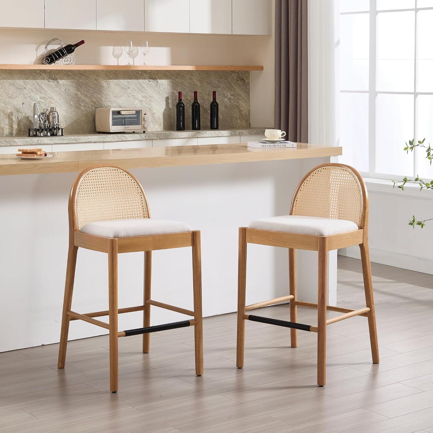 Bayou Breeze Emington Modern Stools with Rattan Backrests and Wood Frame (Set of 2)